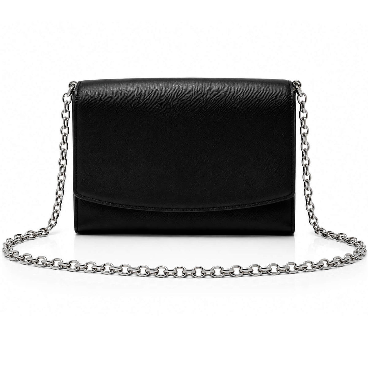 A black textured leather envelope clutch bag with a silver-tone metal chain strap, displayed on a clean white background.