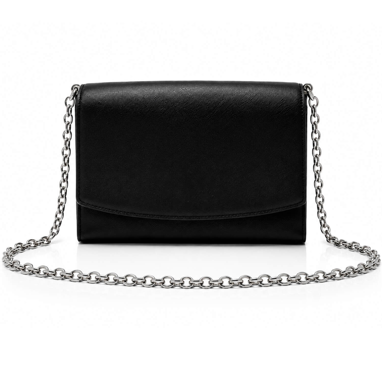 A black textured leather envelope clutch bag with a silver-tone metal chain strap, displayed on a clean white background.