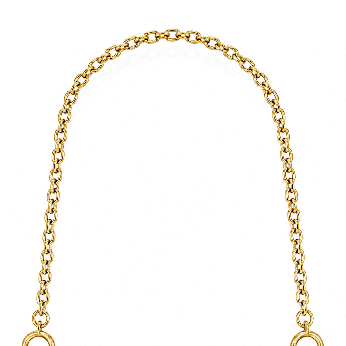 A close-up of a gold chain with oval links, shown against a plain white background.