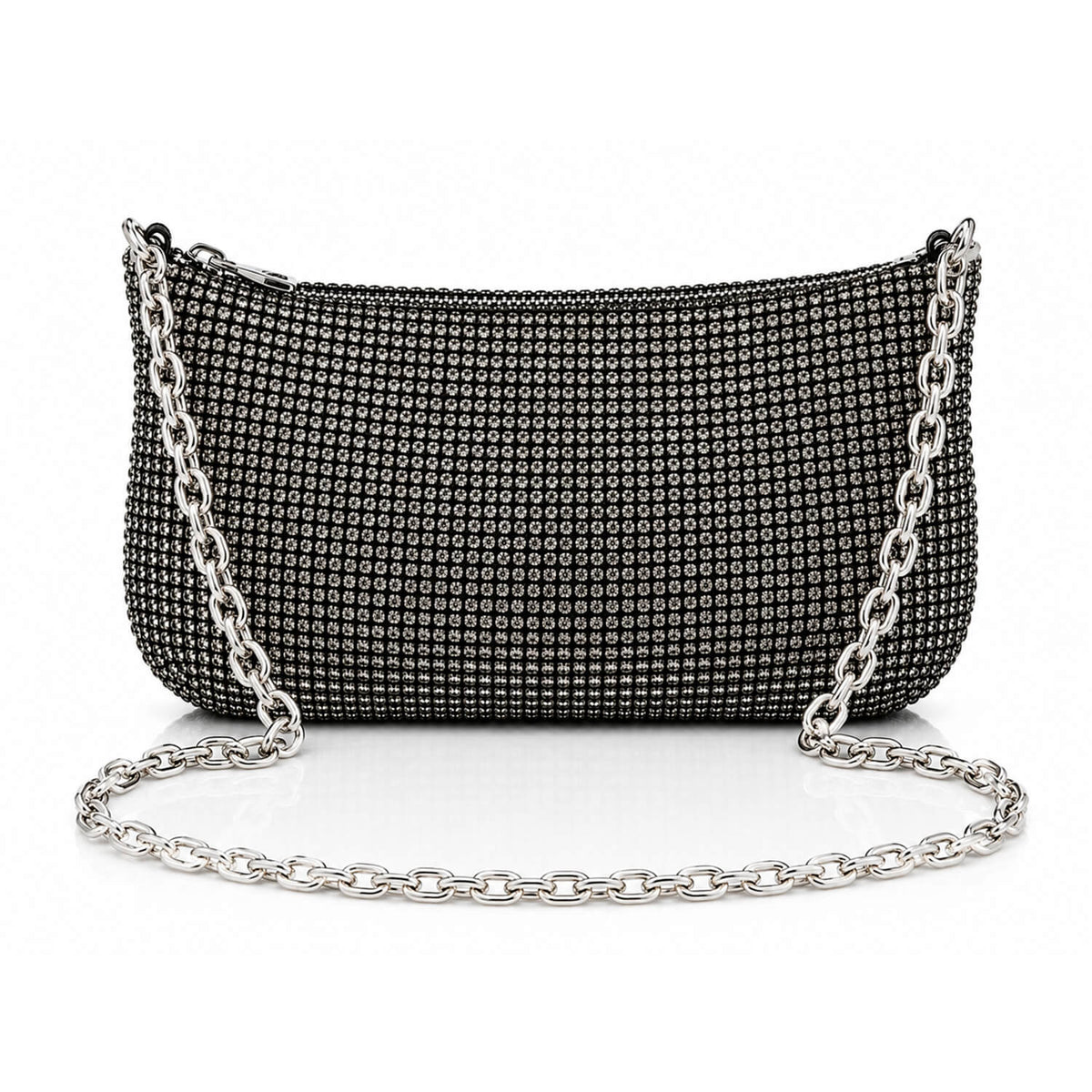 A black rhinestone-embellished shoulder bag with a silver-tone chain strap, displayed on a clean white background.
