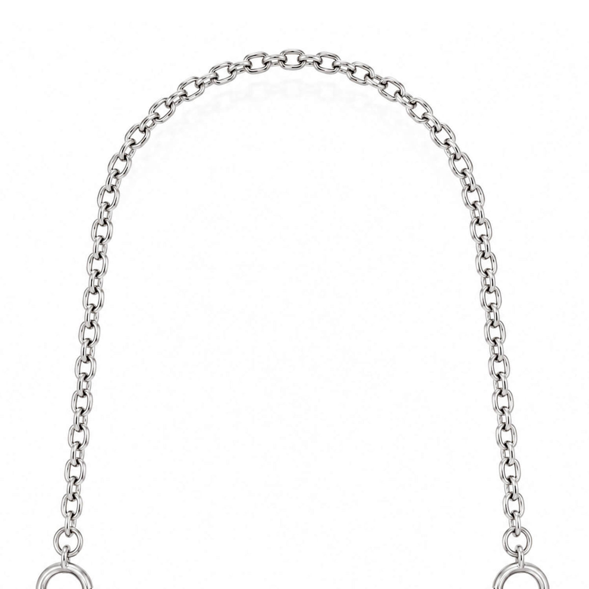 A silver-toned metal chain extender with two circular ring connectors at the bottom ends, shown on a plain white background.