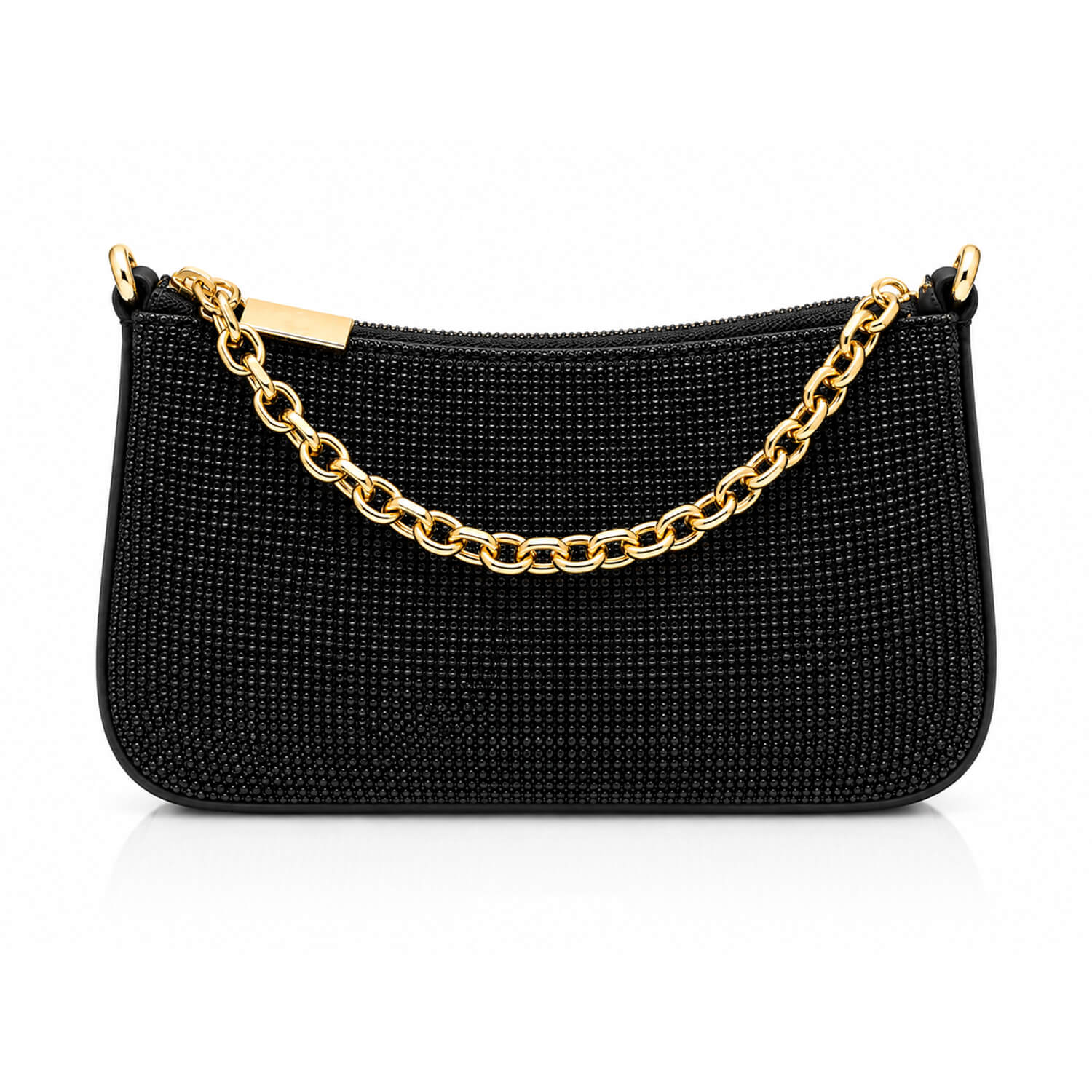 Black textured shoulder bag with a gold chain strap and gold zipper pull, shown on a clean white background.