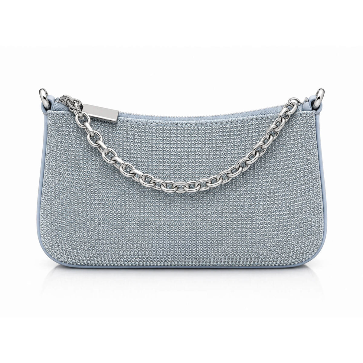 A light blue textured clutch bag with a silver-tone chain strap and a silver clasp, shown against a plain white background.