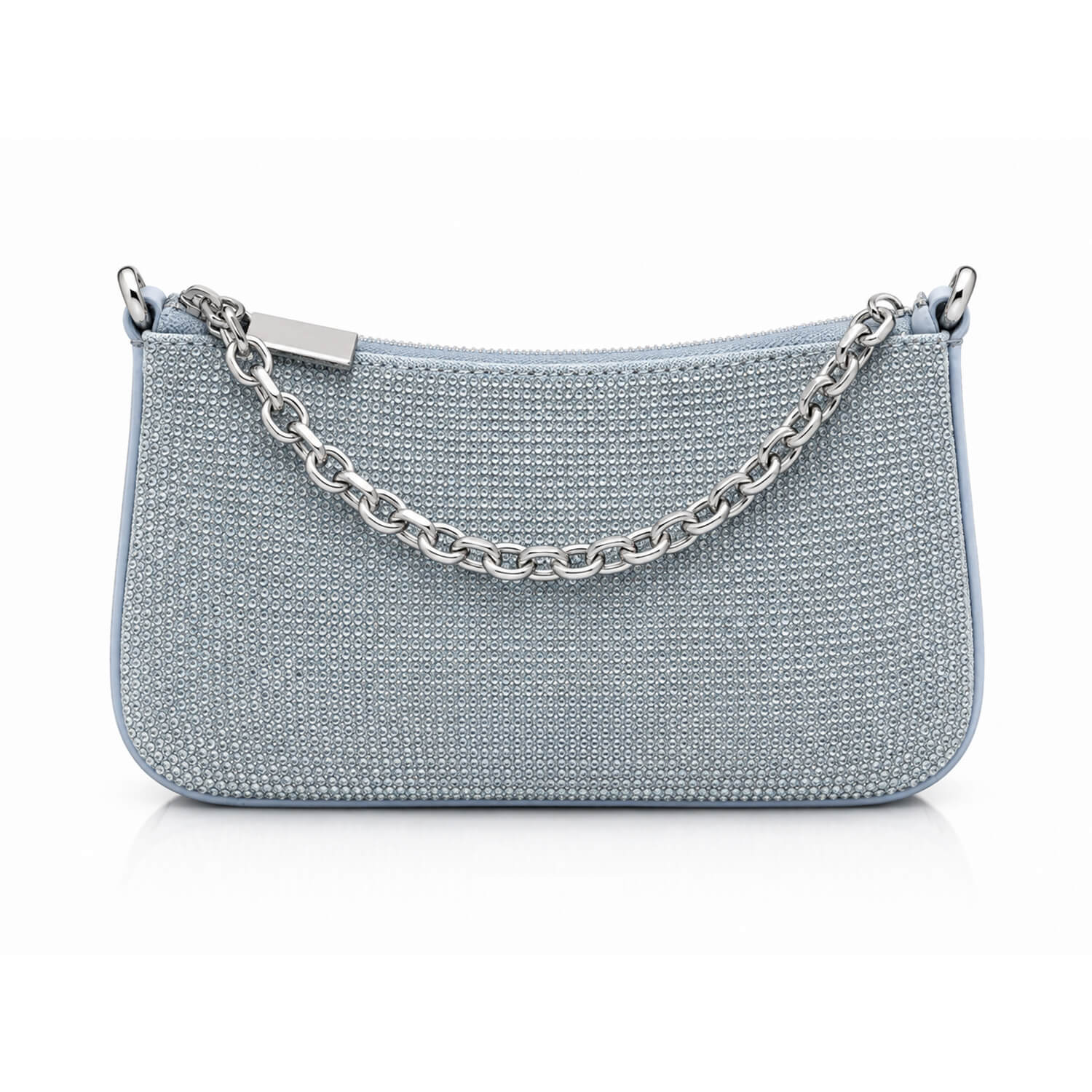 A light blue textured clutch bag with a silver-tone chain strap and a silver clasp, shown against a plain white background.