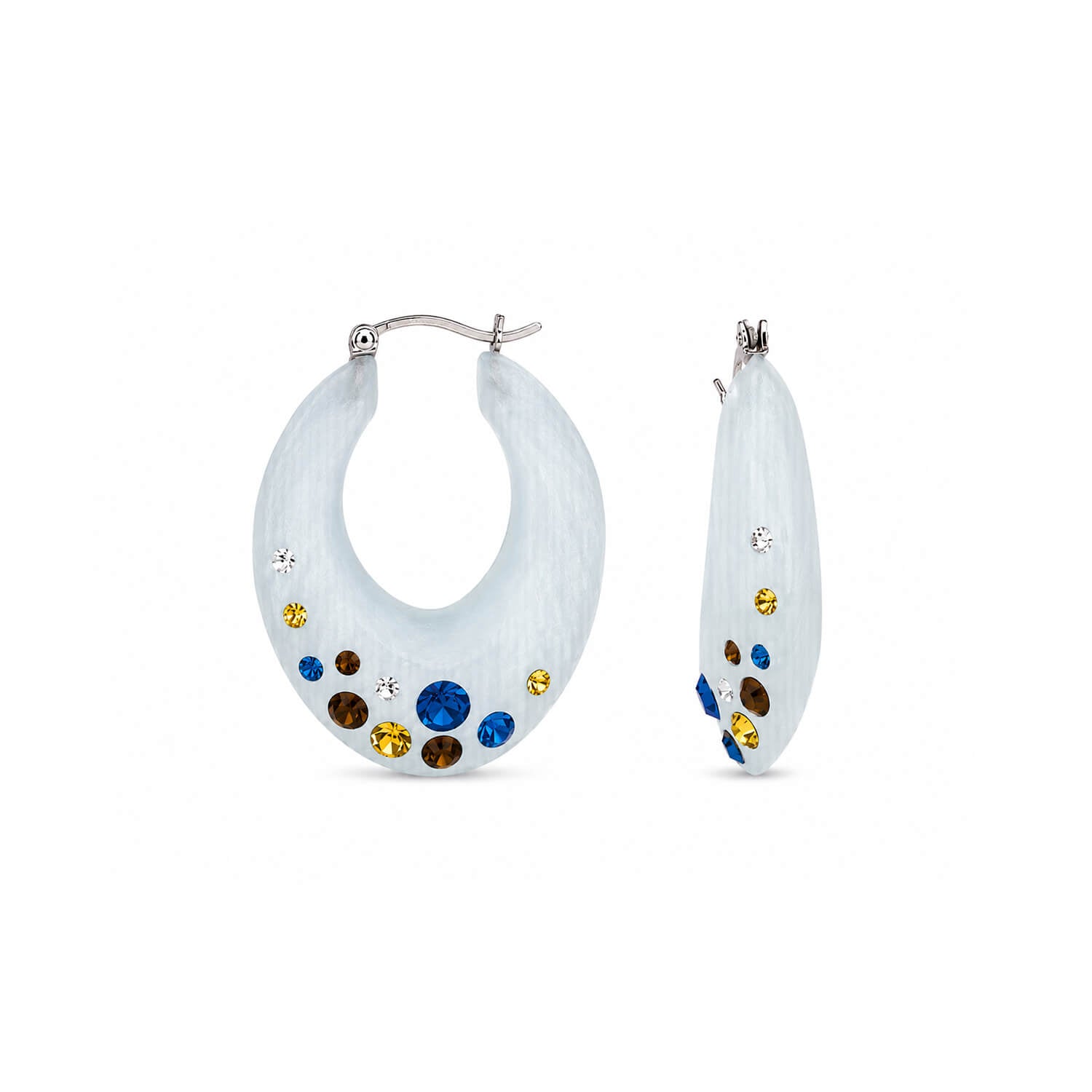 White hoop earrings with colorful gemstones on a white background
