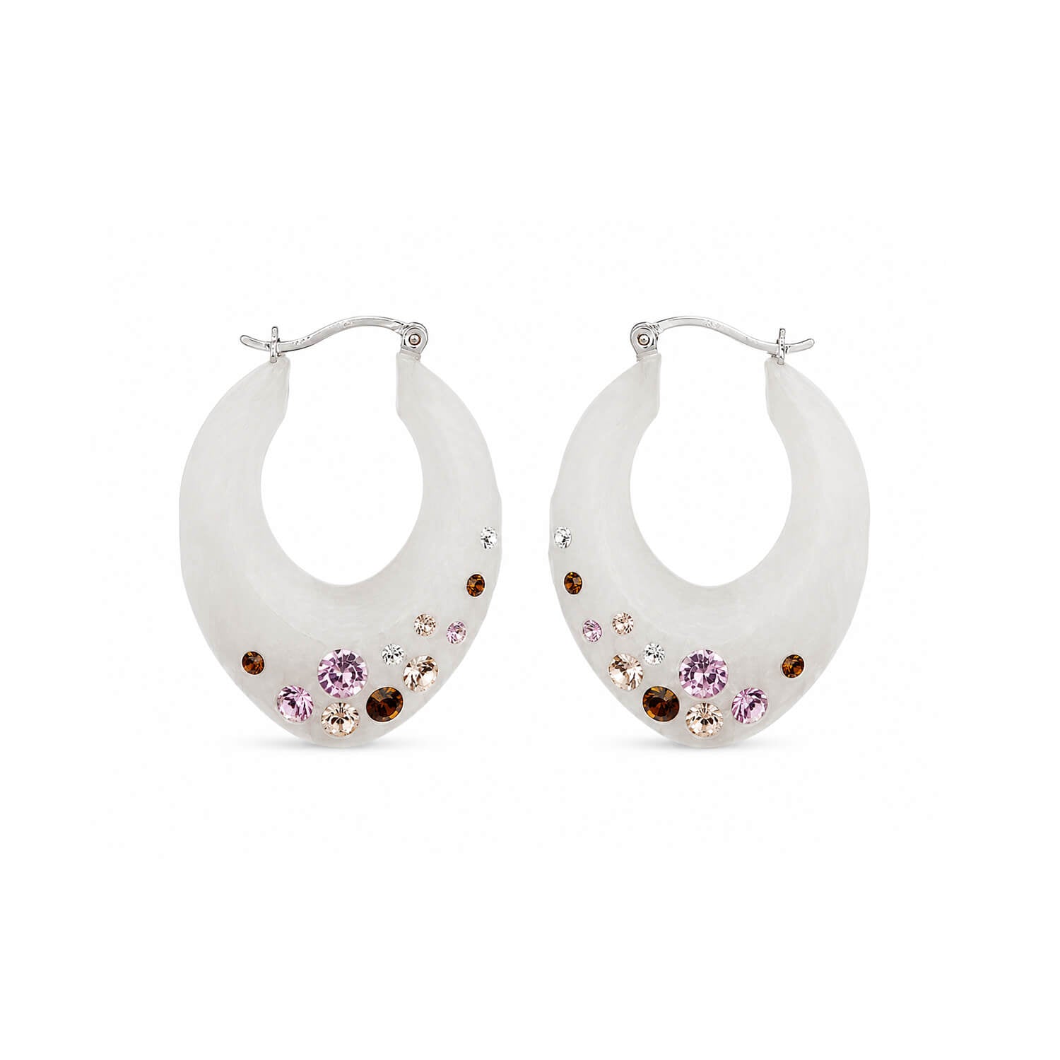 White hoop earrings with colorful gemstones on a white background