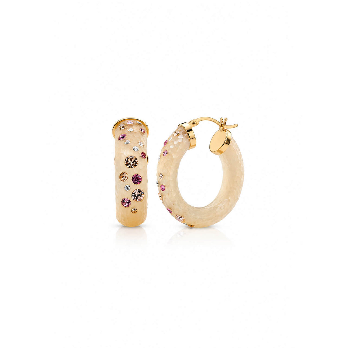 Gold hoop earrings with colorful crystals  on a white background