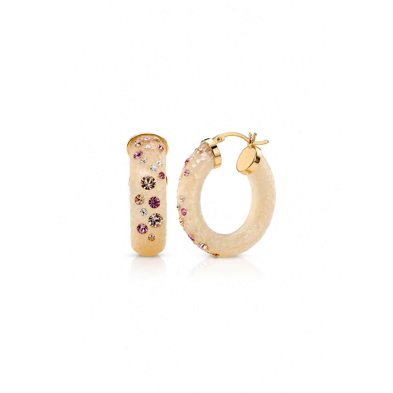 Gold hoop earrings with colorful crystals  on a white background