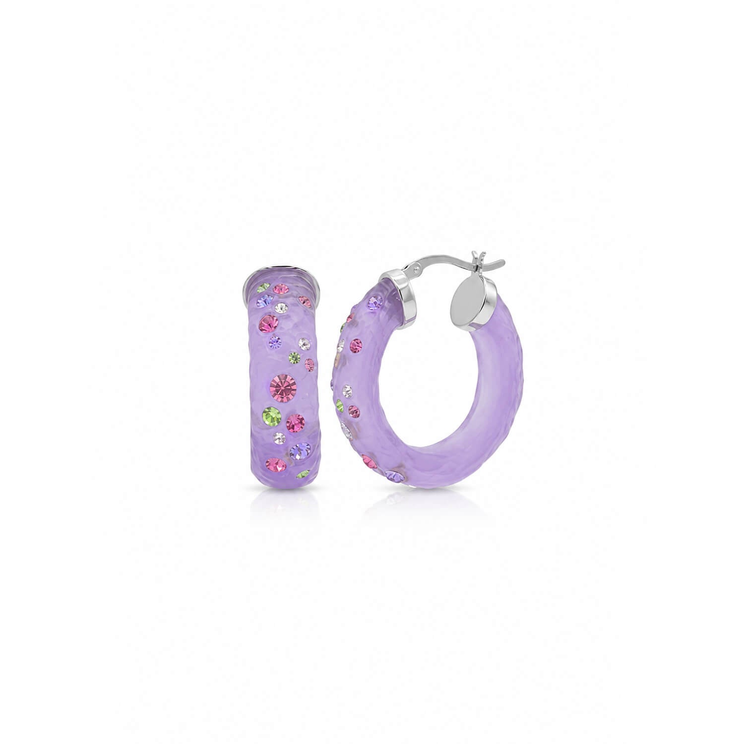 Purple hoop earrings with colorful crystals on a white background