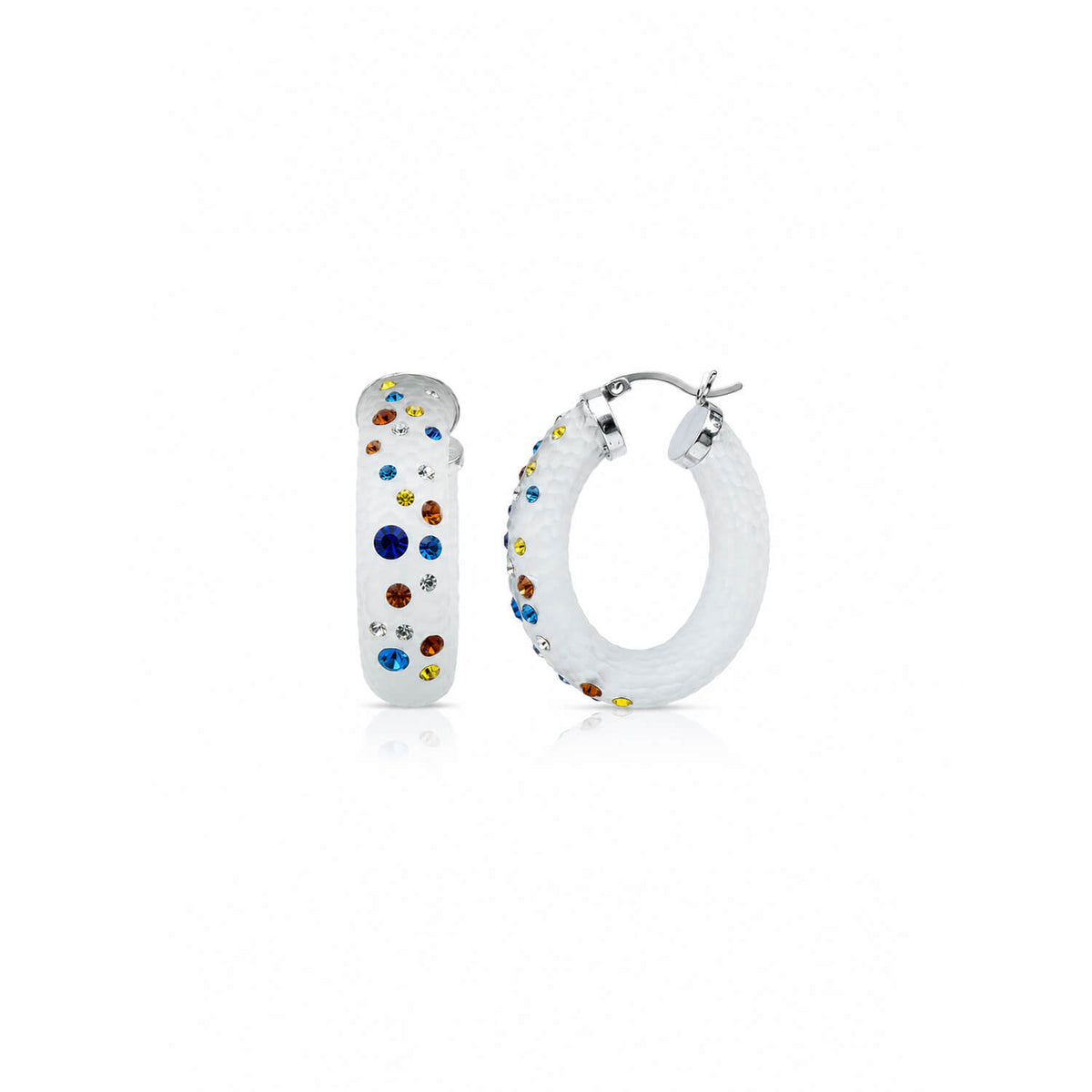 White hoop earrings with multicolored gemstones on a white background