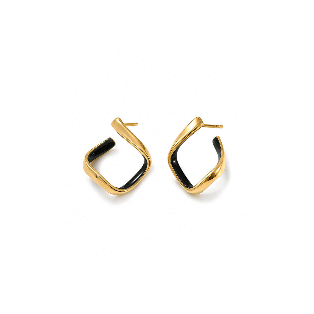 A pair of gold-toned geometric hoop earrings with a black inlay, displayed on a clean white background.