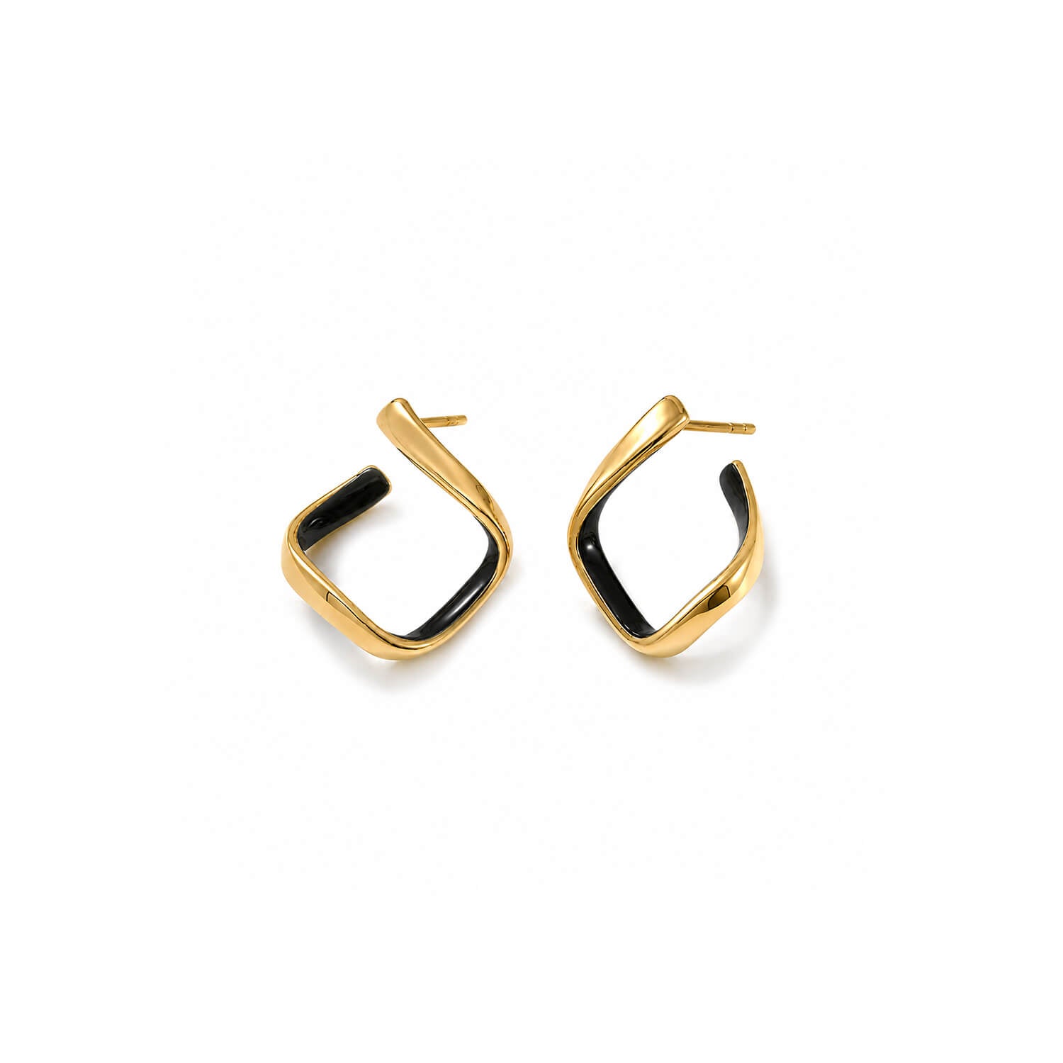 A pair of gold-toned geometric hoop earrings with a black inlay, displayed on a clean white background.