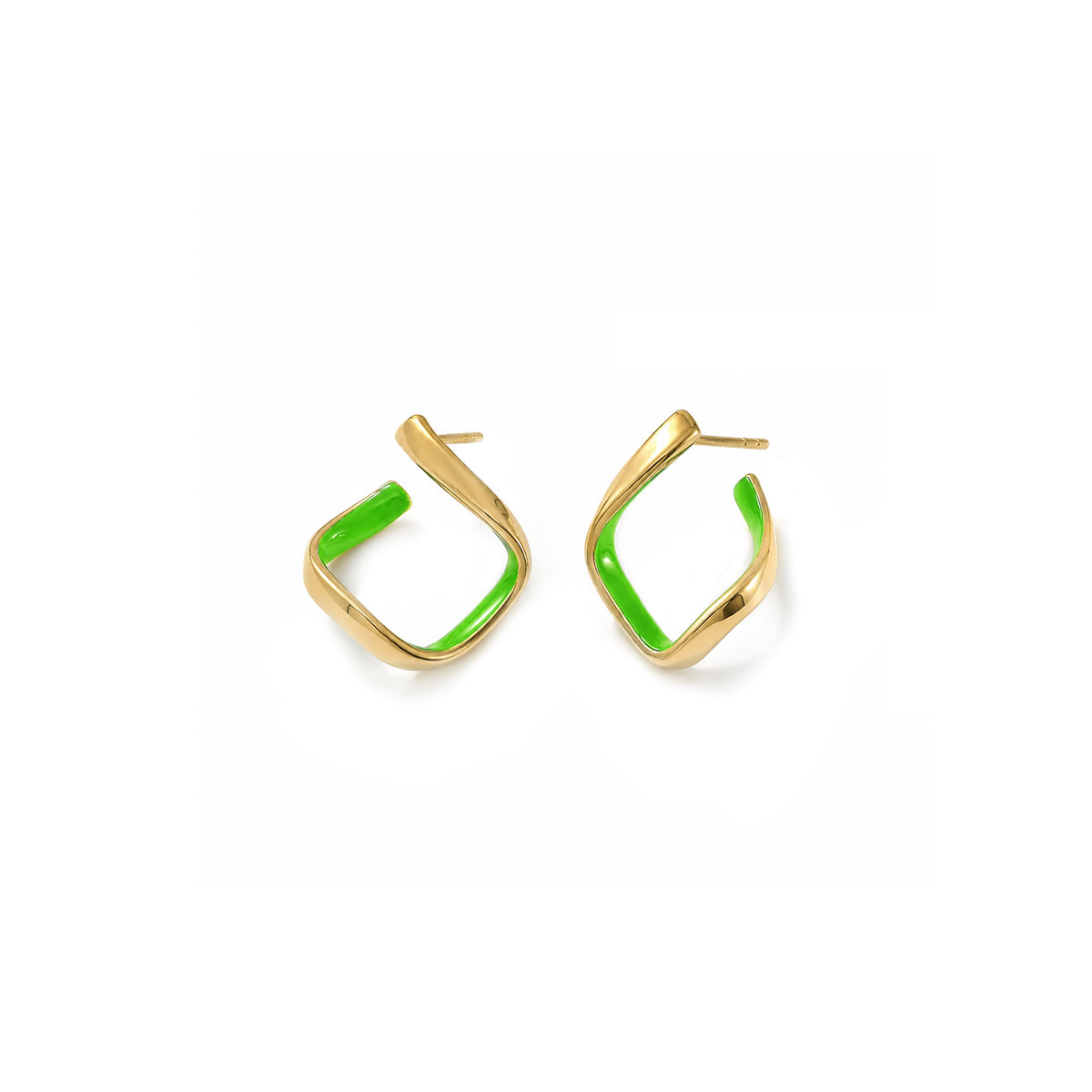 A pair of gold-toned hoop earrings with a bright green inlay, shown on a plain white background.