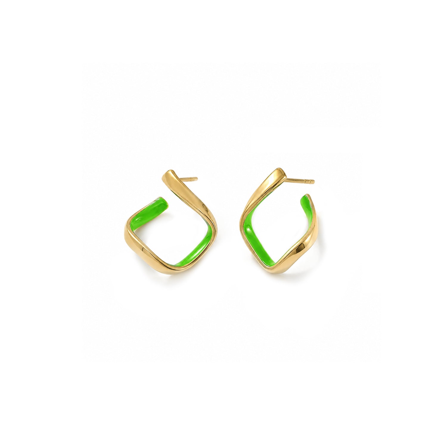 A pair of gold-toned hoop earrings with a bright green inlay, shown on a plain white background.