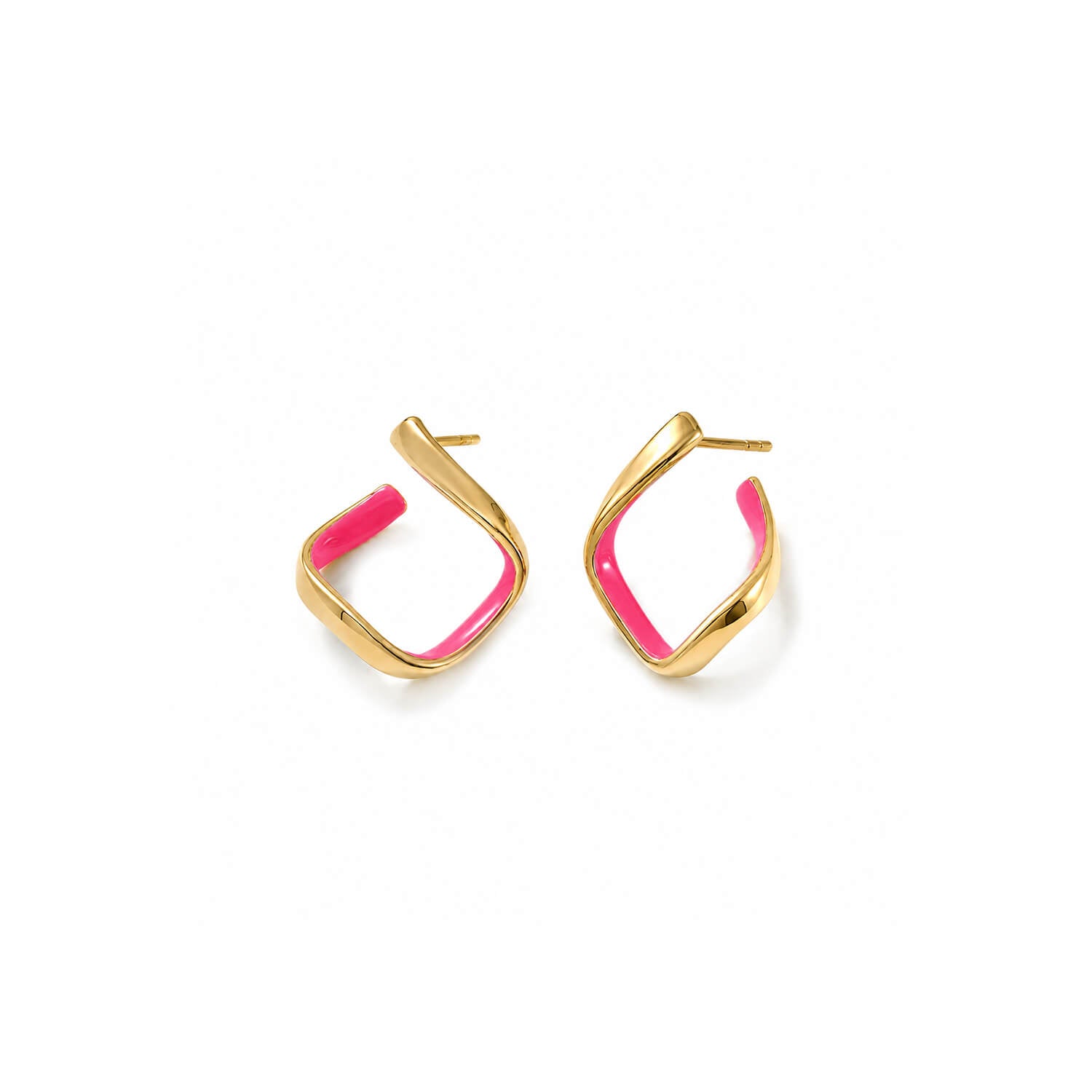 A pair of gold-toned geometric hoop earrings with a vibrant hot pink enamel inlay, displayed on a clean white background.