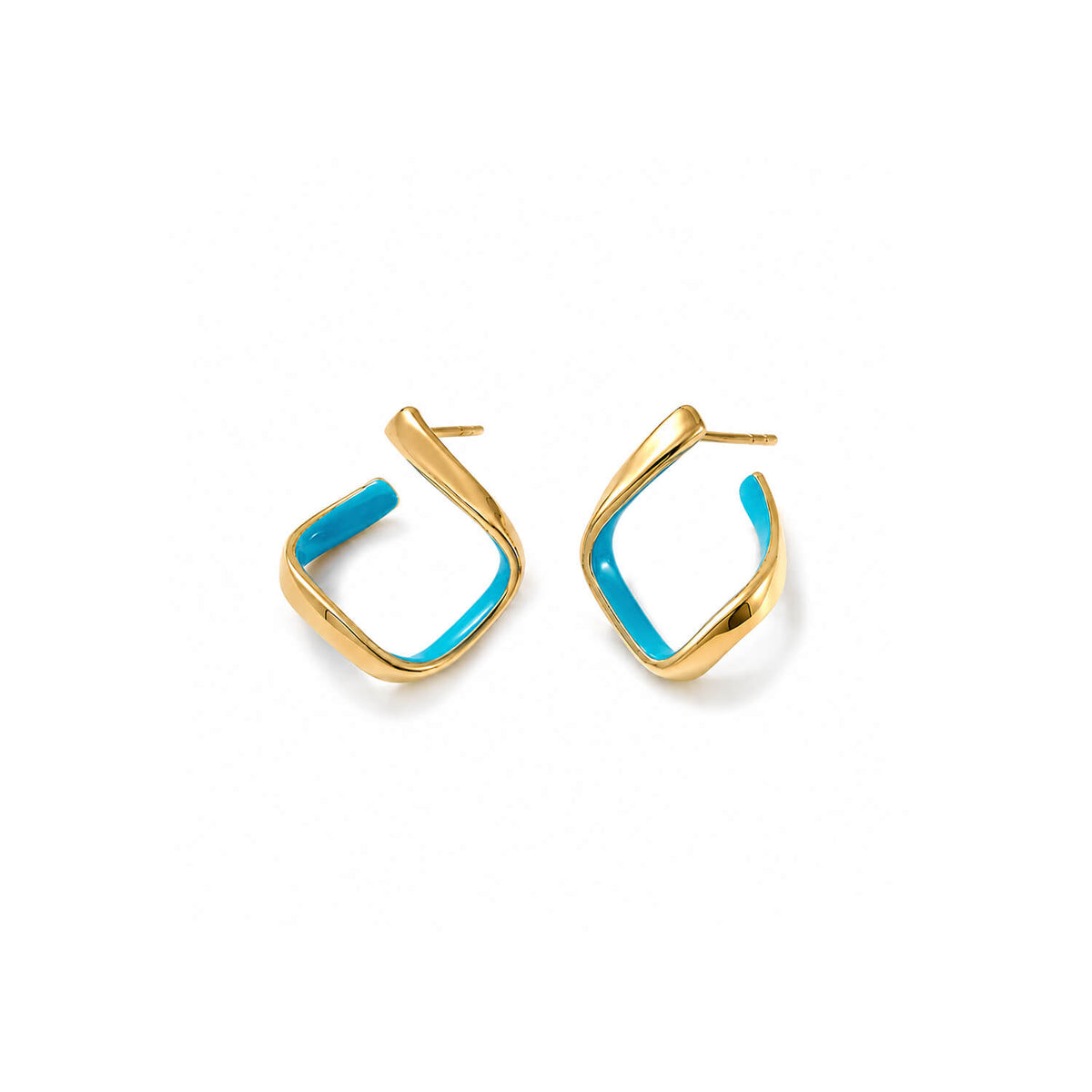 A pair of gold-toned geometric hoop earrings with a bright turquoise blue inlay, displayed on a clean white background.