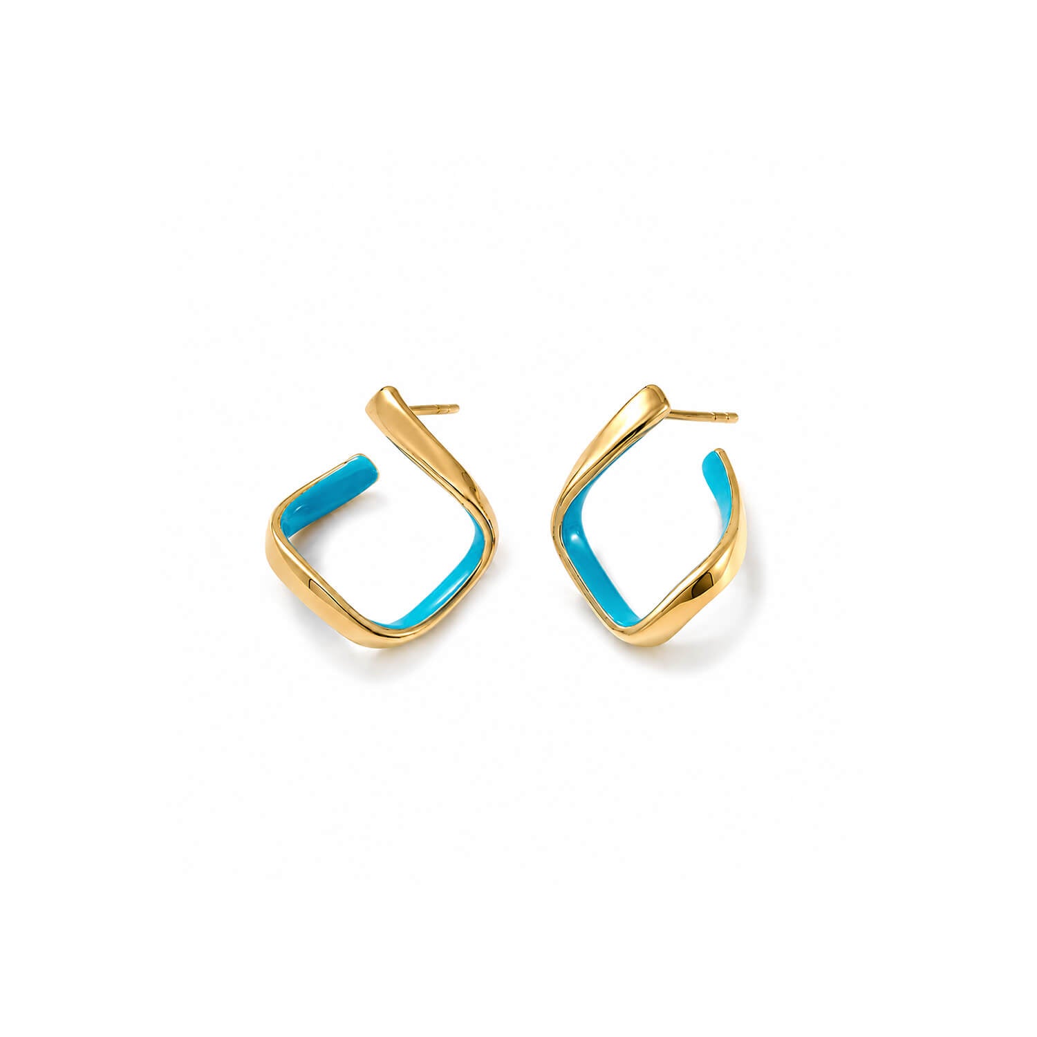 A pair of gold-toned geometric hoop earrings with a bright turquoise blue inlay, displayed on a clean white background.