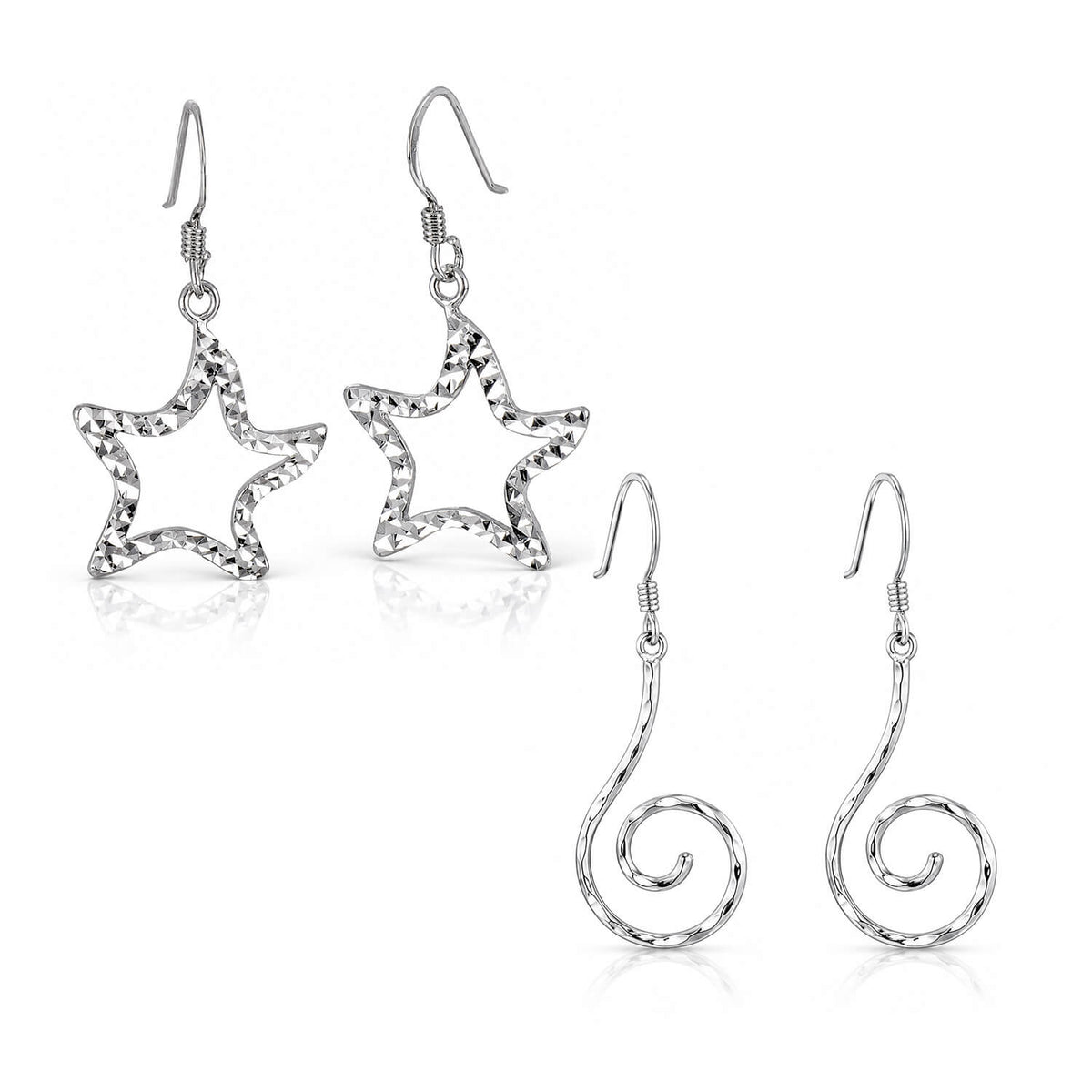 Star-shaped and swirl design earrings on a white background