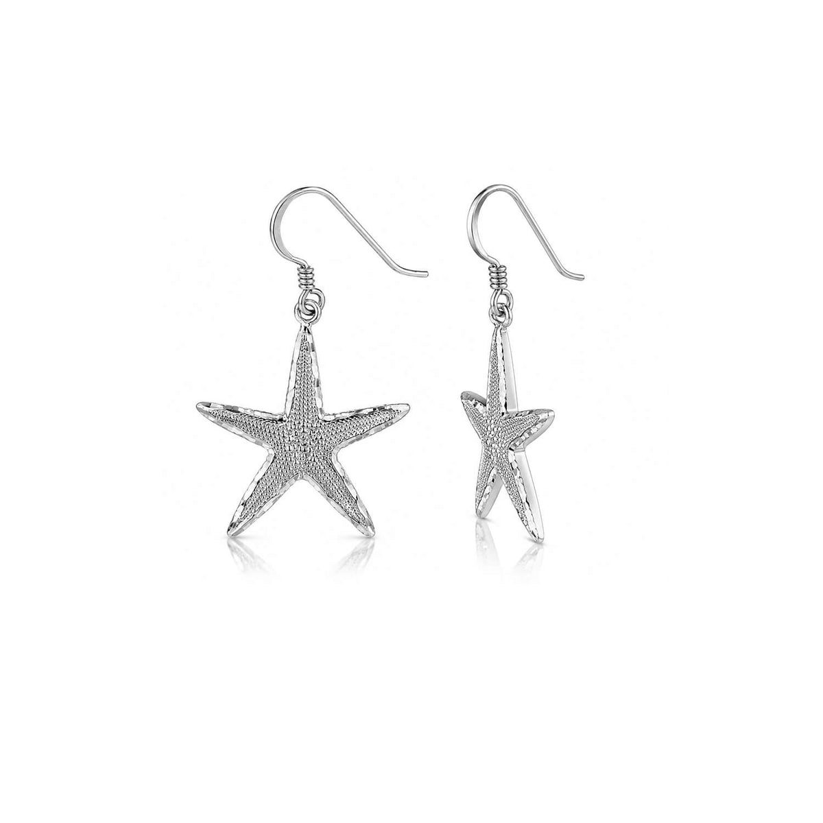 Starfish-shaped silver earrings on a white background