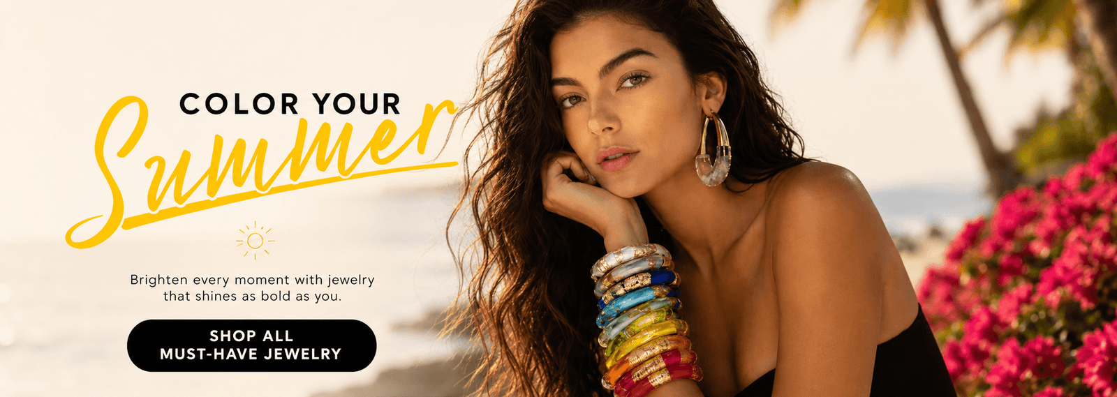 Woman on a beach with colorful jewelry, 'Color Your Summer' text overlay.
