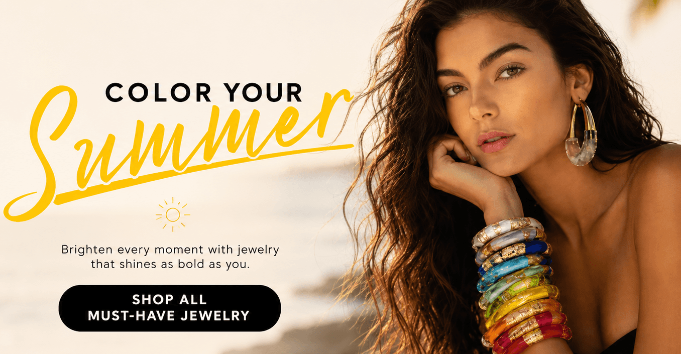 Woman wearing colorful jewelry with 'Color Your Summer' text and call to action.