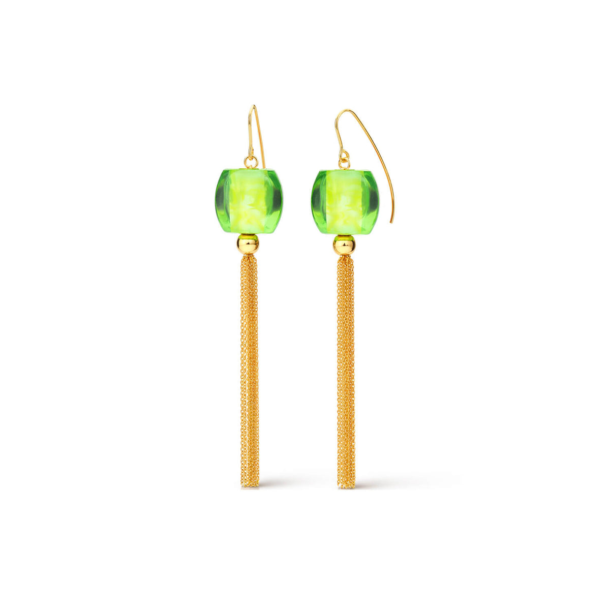 Pair of earrings with green beads and gold tassels on a white background