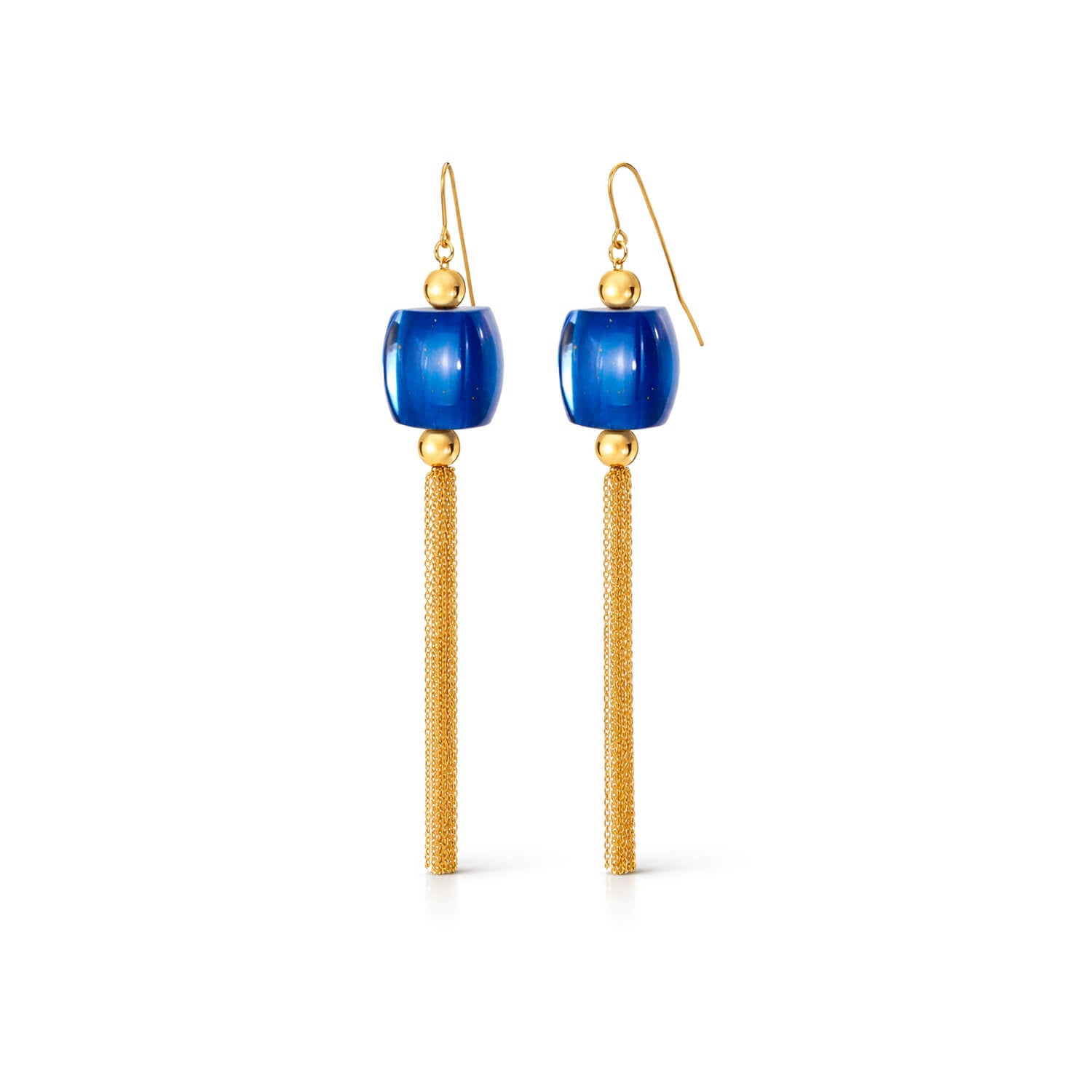 Gold earrings with blue beads on a white background