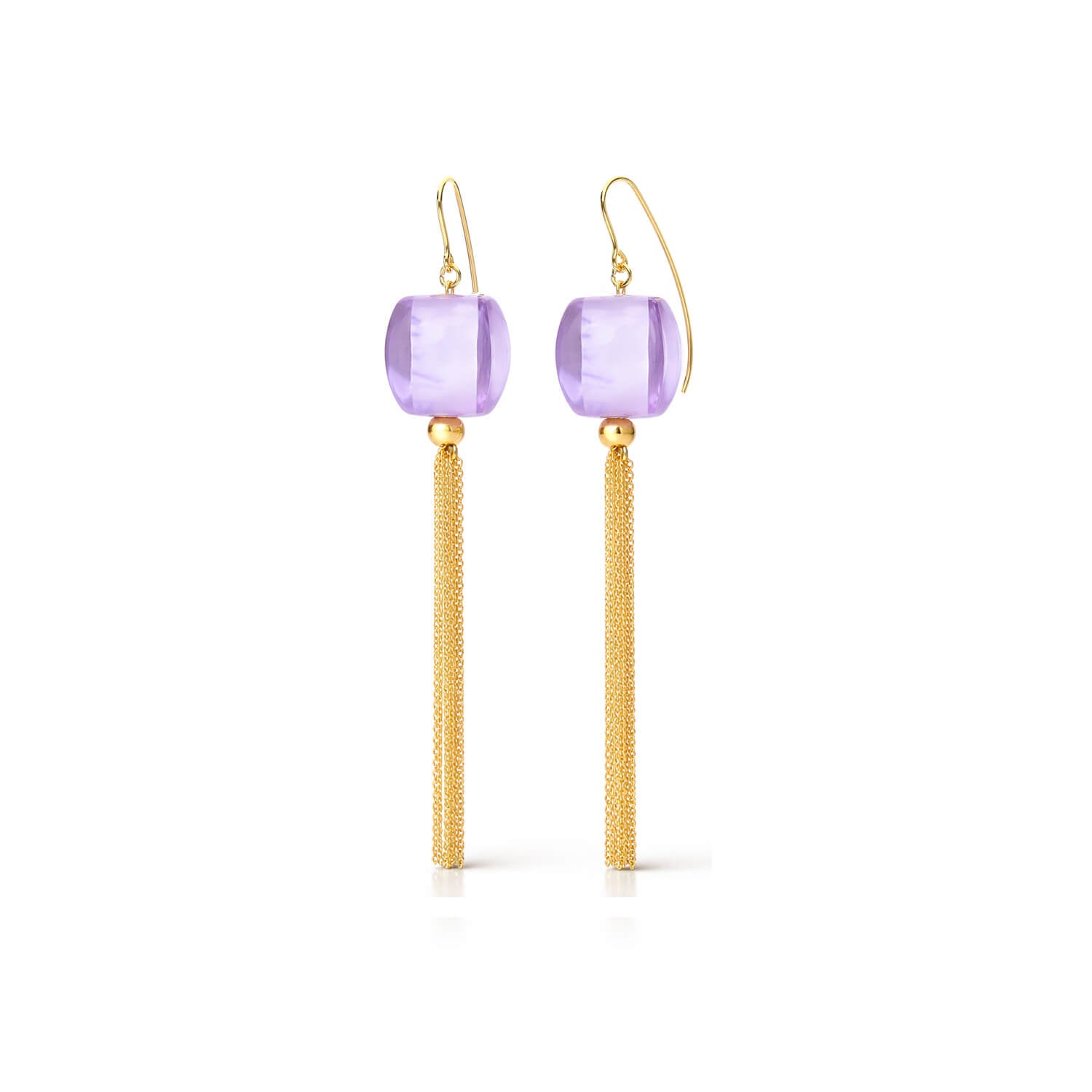Pair of earrings with purple beads and gold tassels on a white background