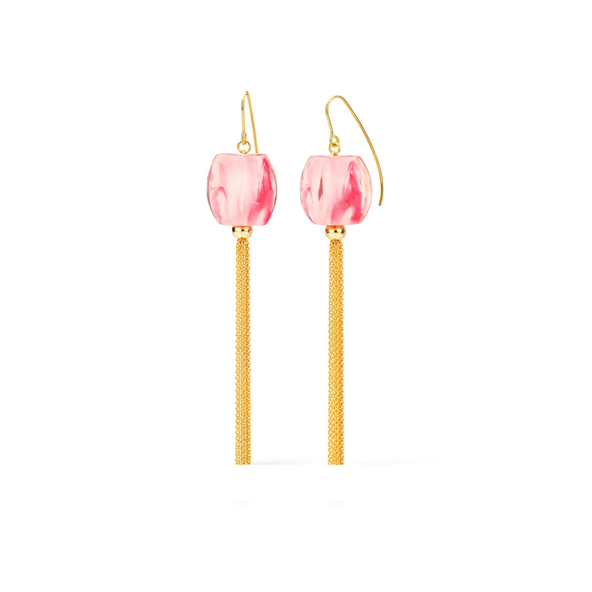 Pair of earrings with pink beads and gold tassels on a white background