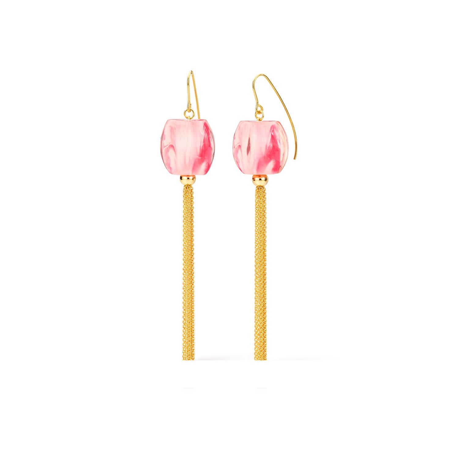 Pair of earrings with pink beads and gold tassels on a white background