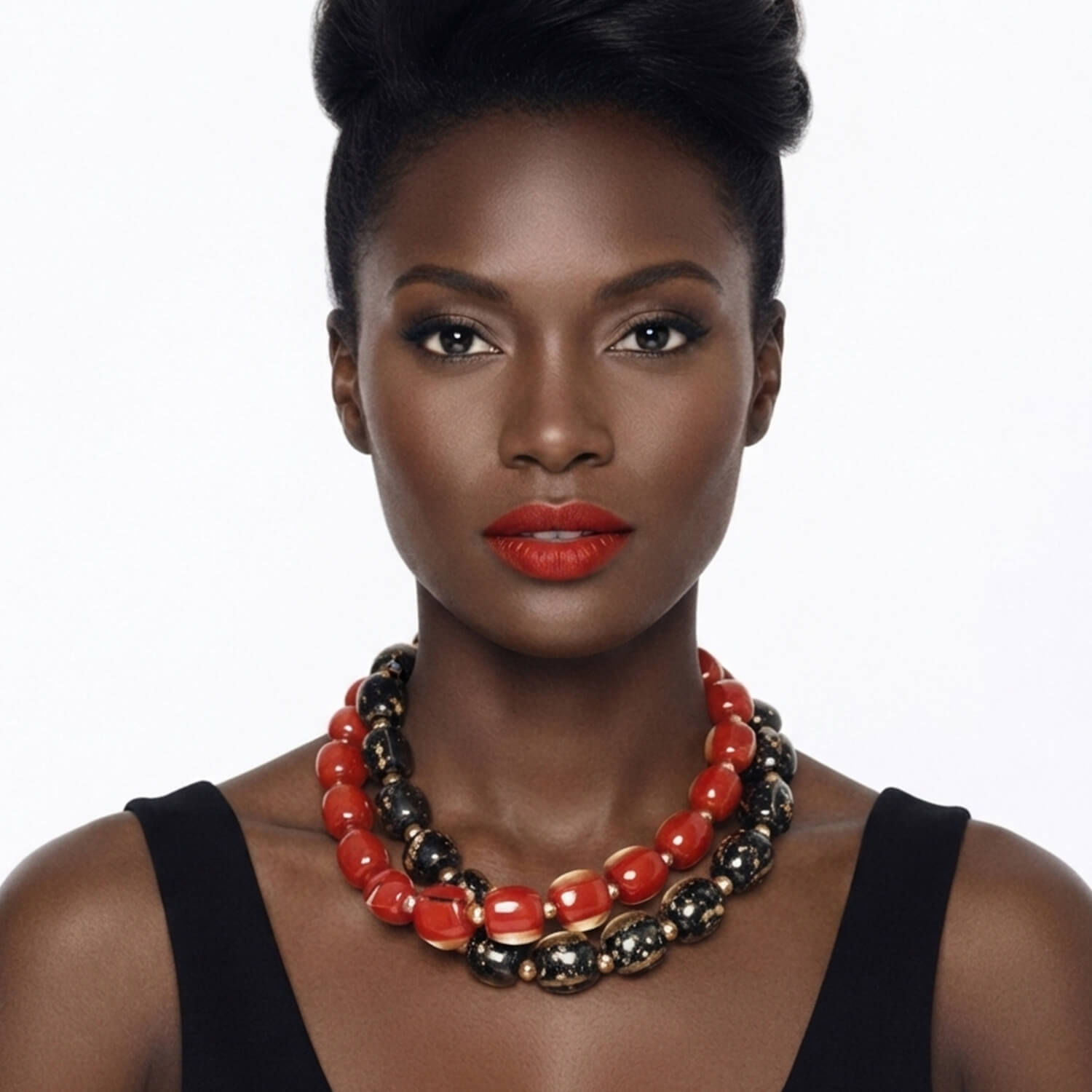 Necklace with black and gold beads on a white background