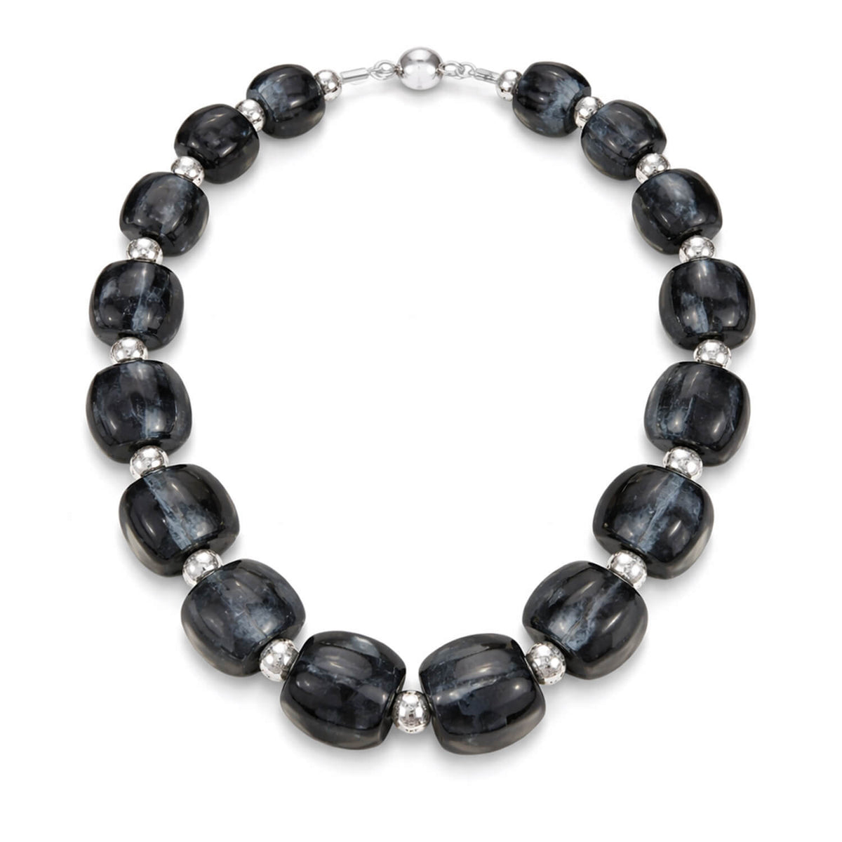 Necklace with BLACK beads and silver accents on a white background