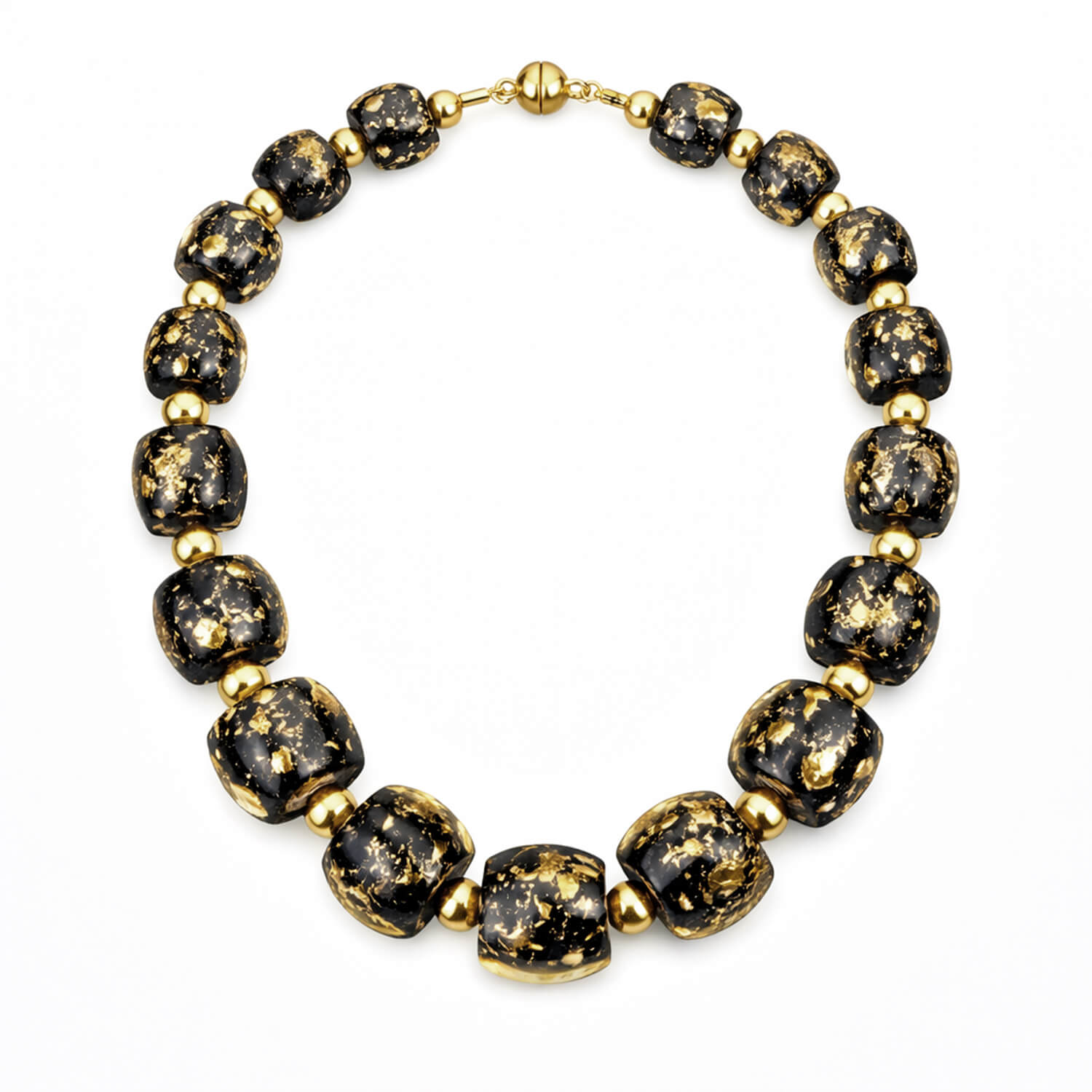 Necklace with black and gold beads on a white background