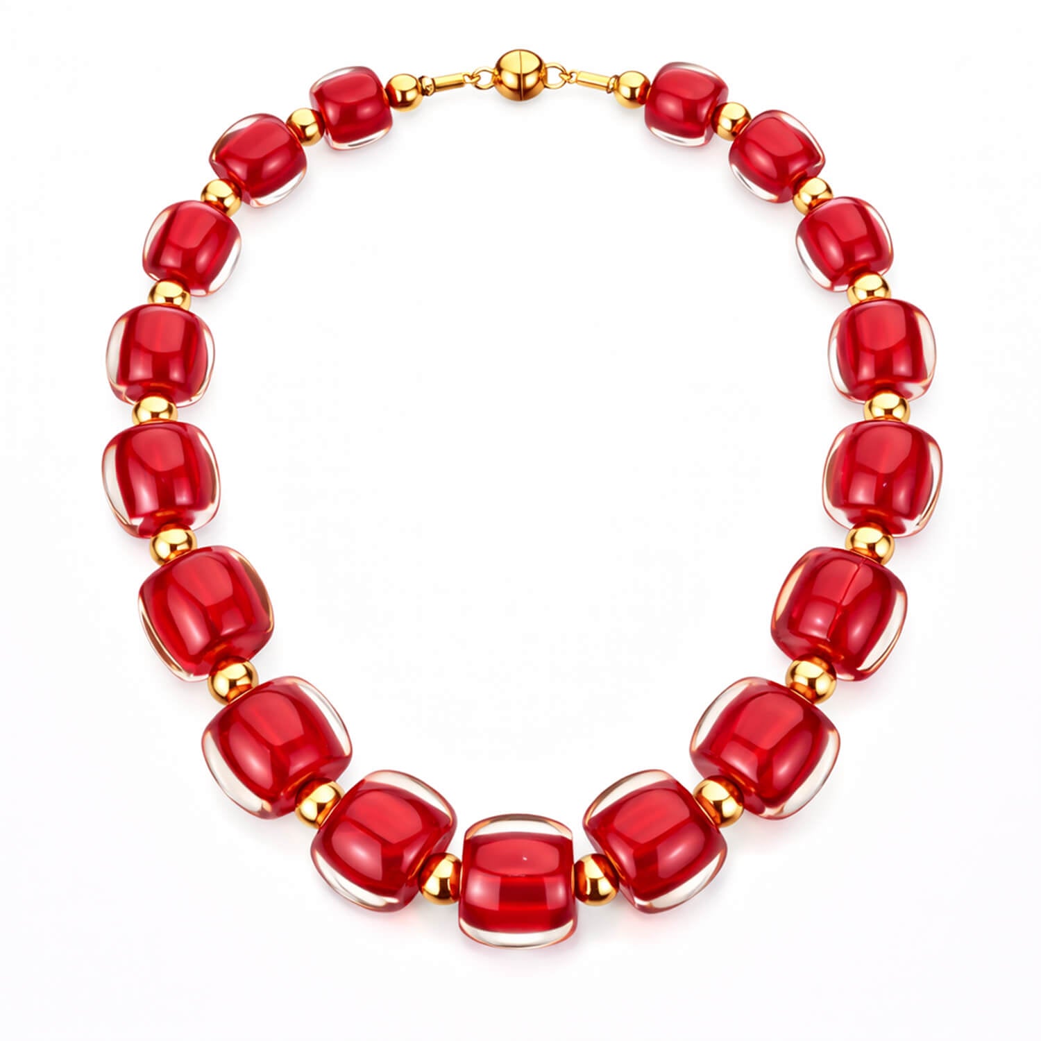 Necklace with red beads and gold accents on a white background