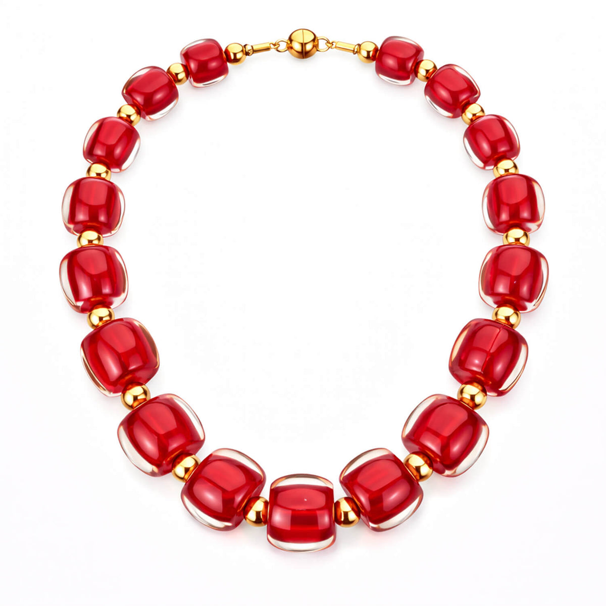 Necklace with red beads and gold accents on a white background