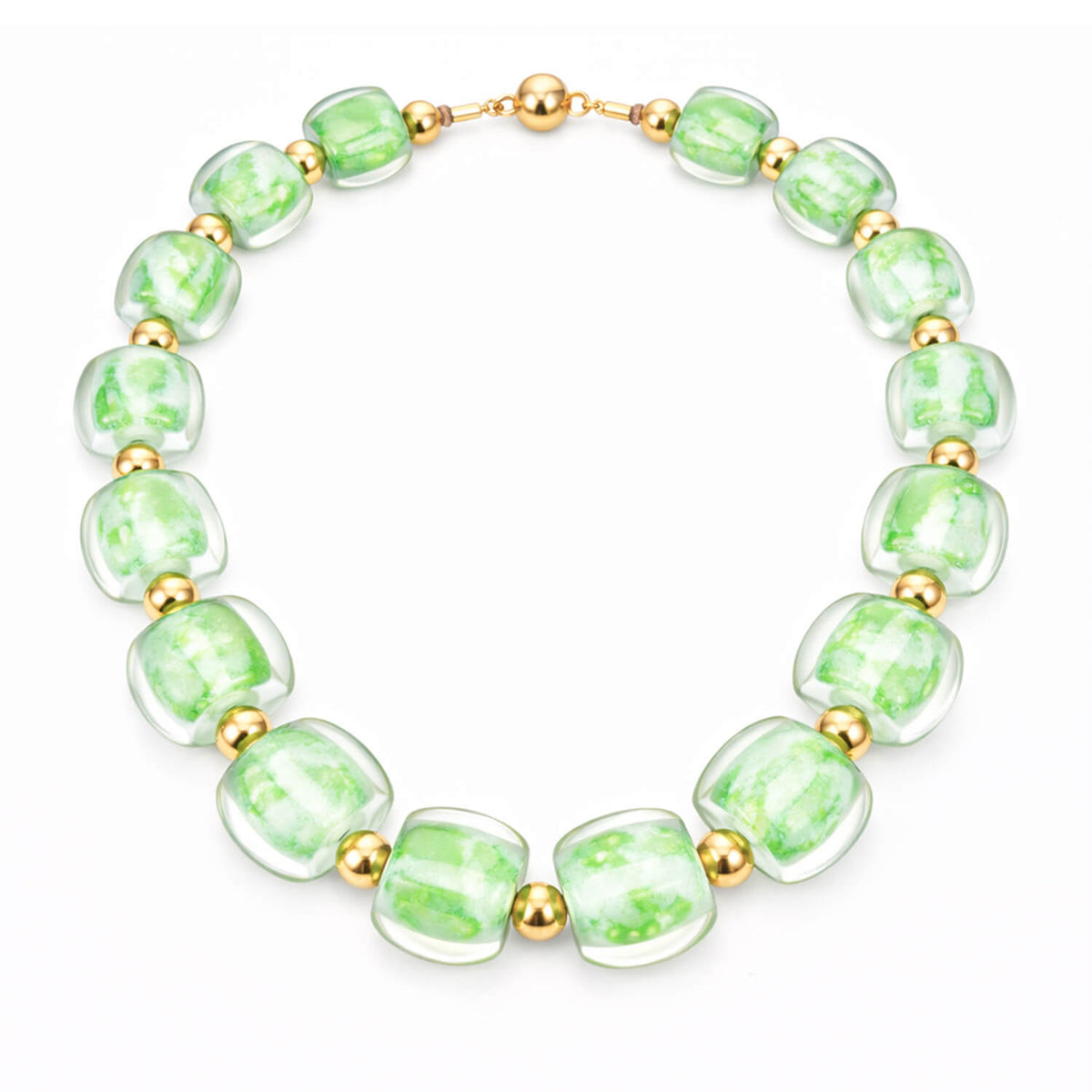 Green beaded bracelet with gold accents on a white background
