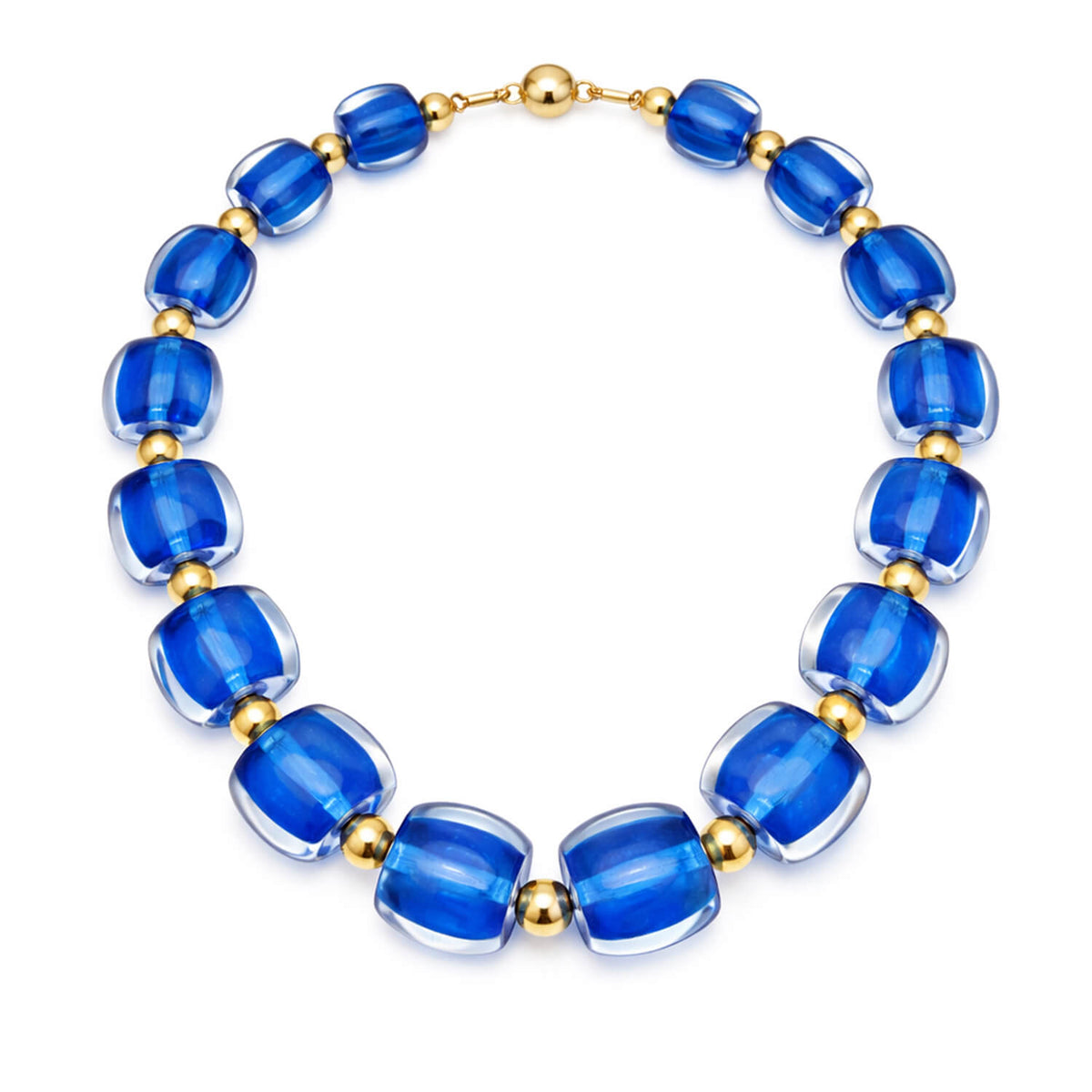 Blue beaded necklace with gold accents on a white background