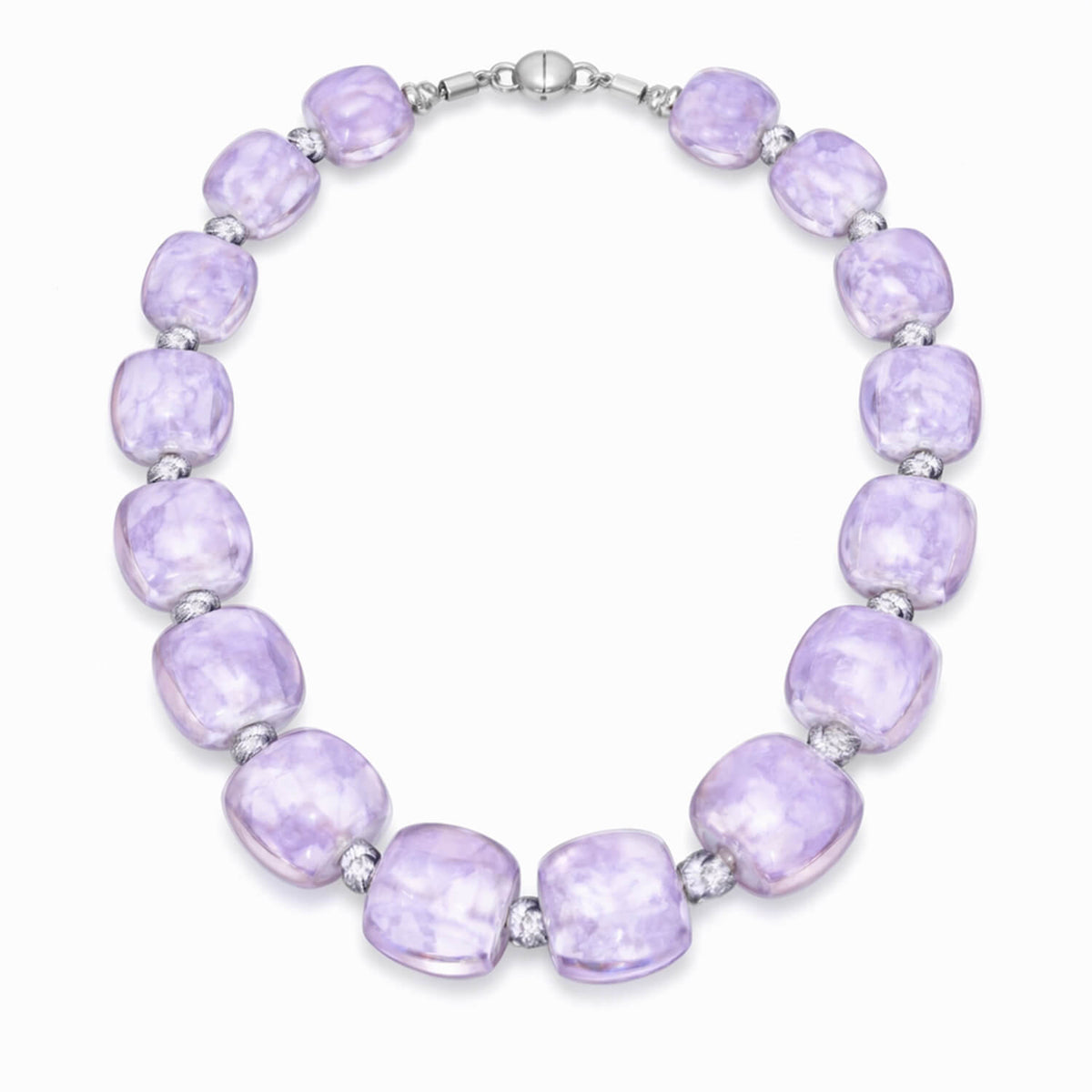 Necklace with purple beads on a white background
