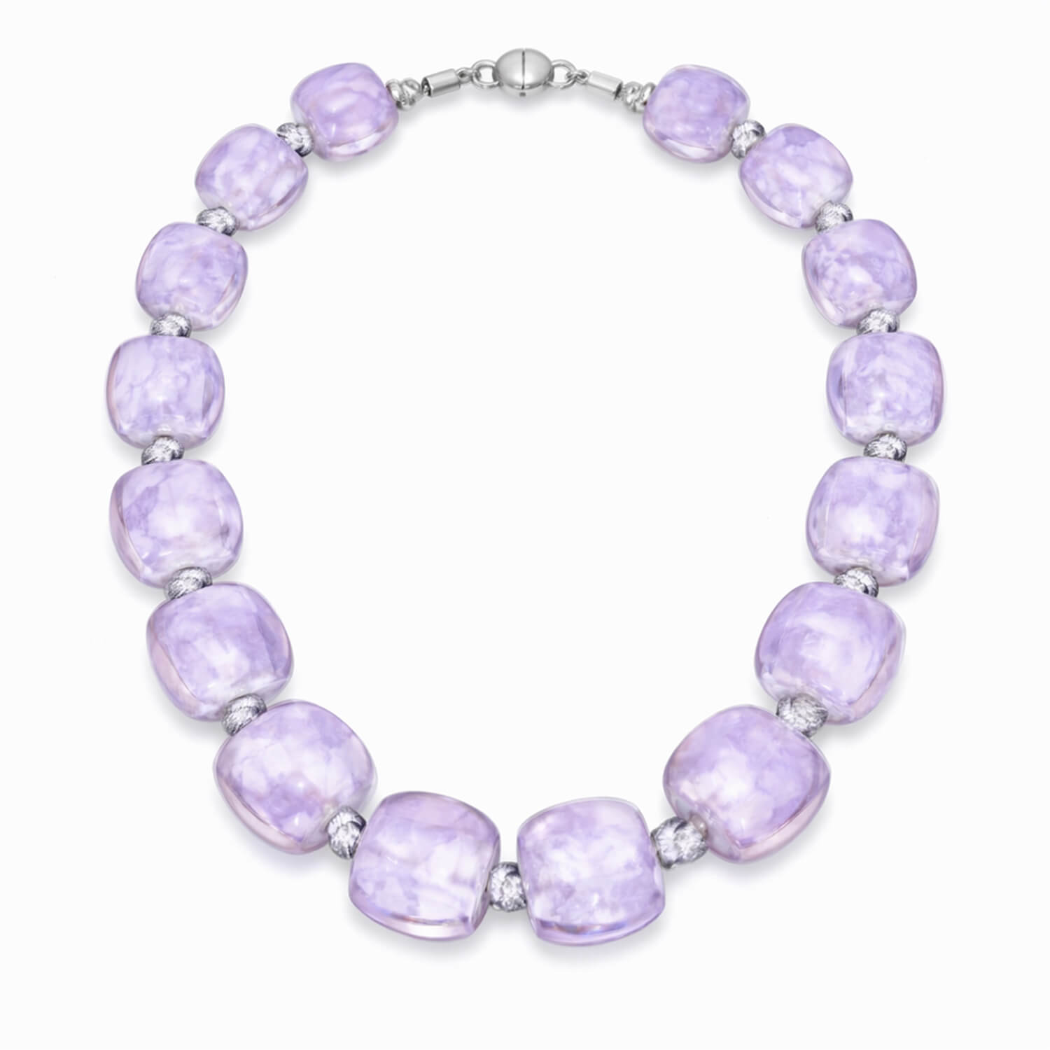 Necklace with purple beads on a white background