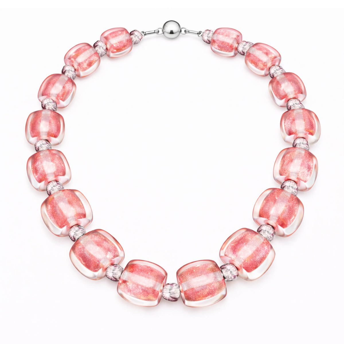 Necklace with pink and silver beads on a white background