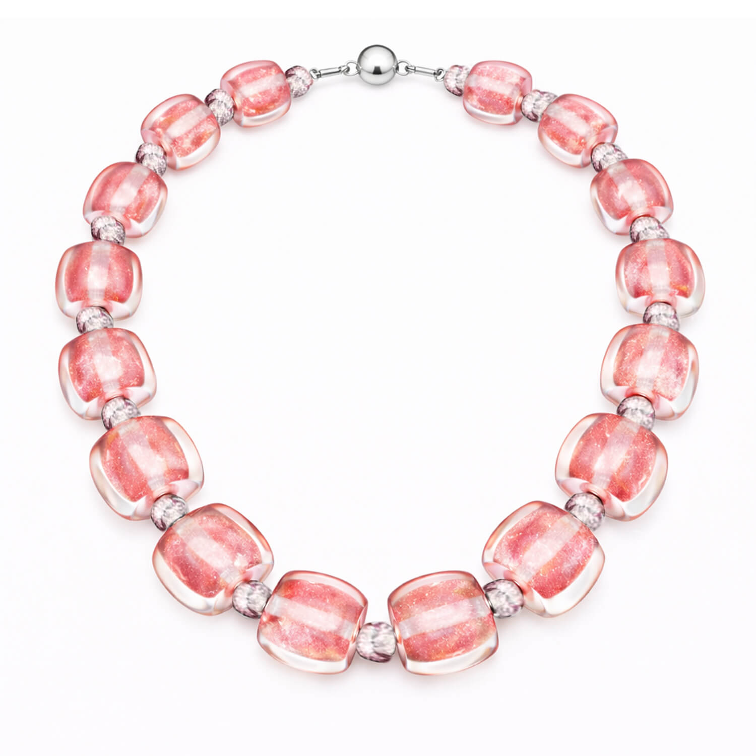 Necklace with pink and silver beads on a white background