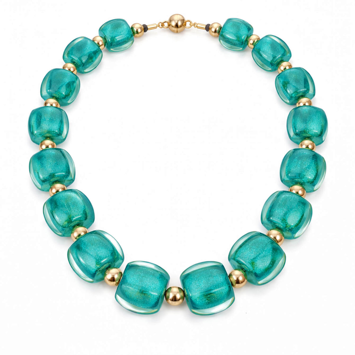 TEAL beaded necklace with gold accents on a white background