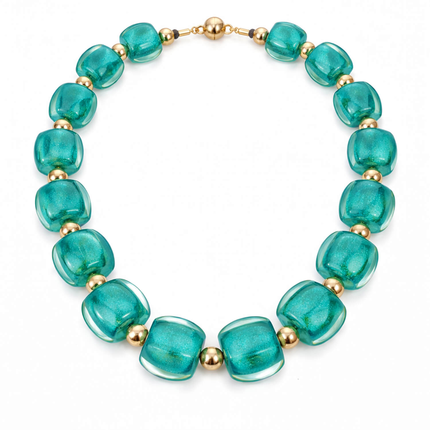 TEAL beaded necklace with gold accents on a white background