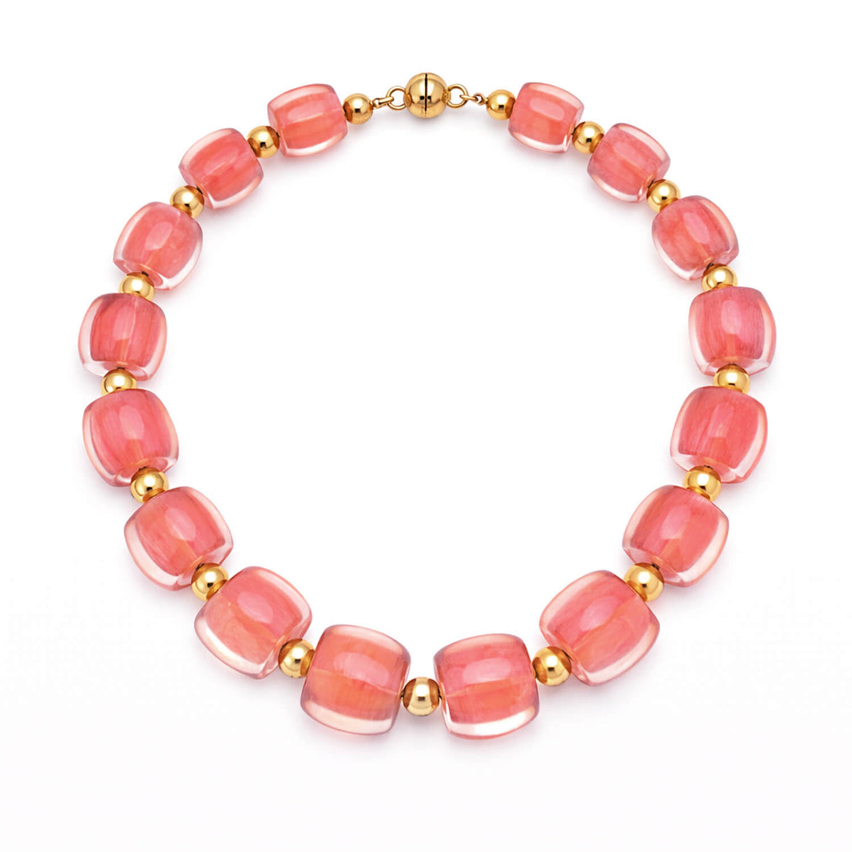 Necklace with red beads and gold accents on a white background