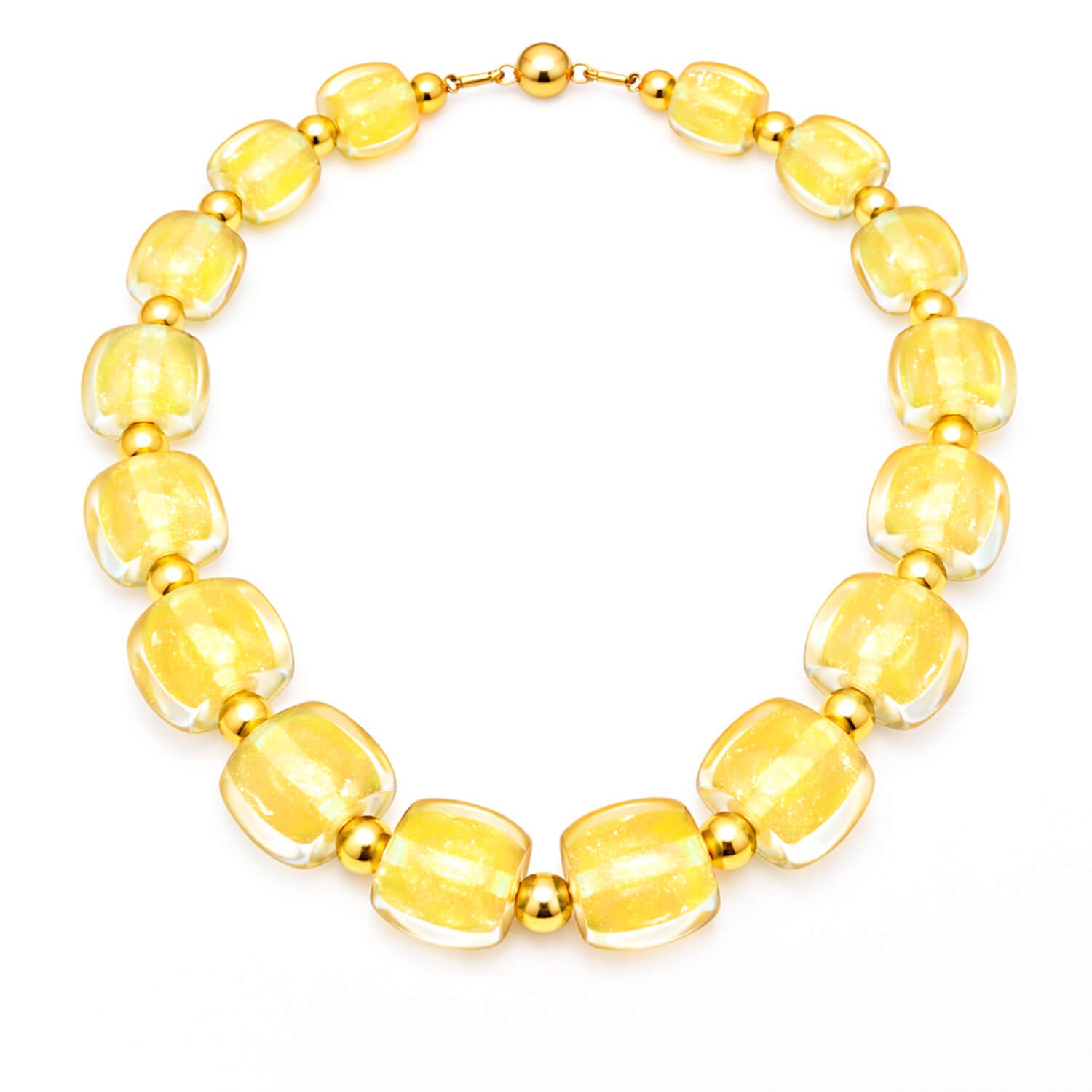 Yellow beaded necklace on a white background