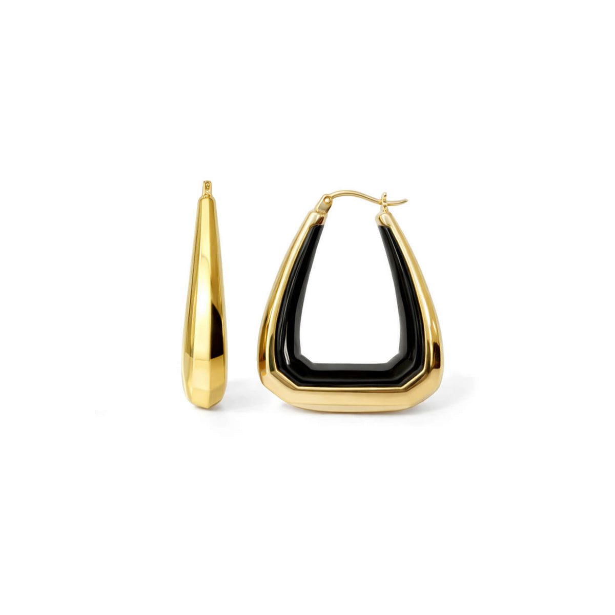 Gold and black hoop earrings on a white background