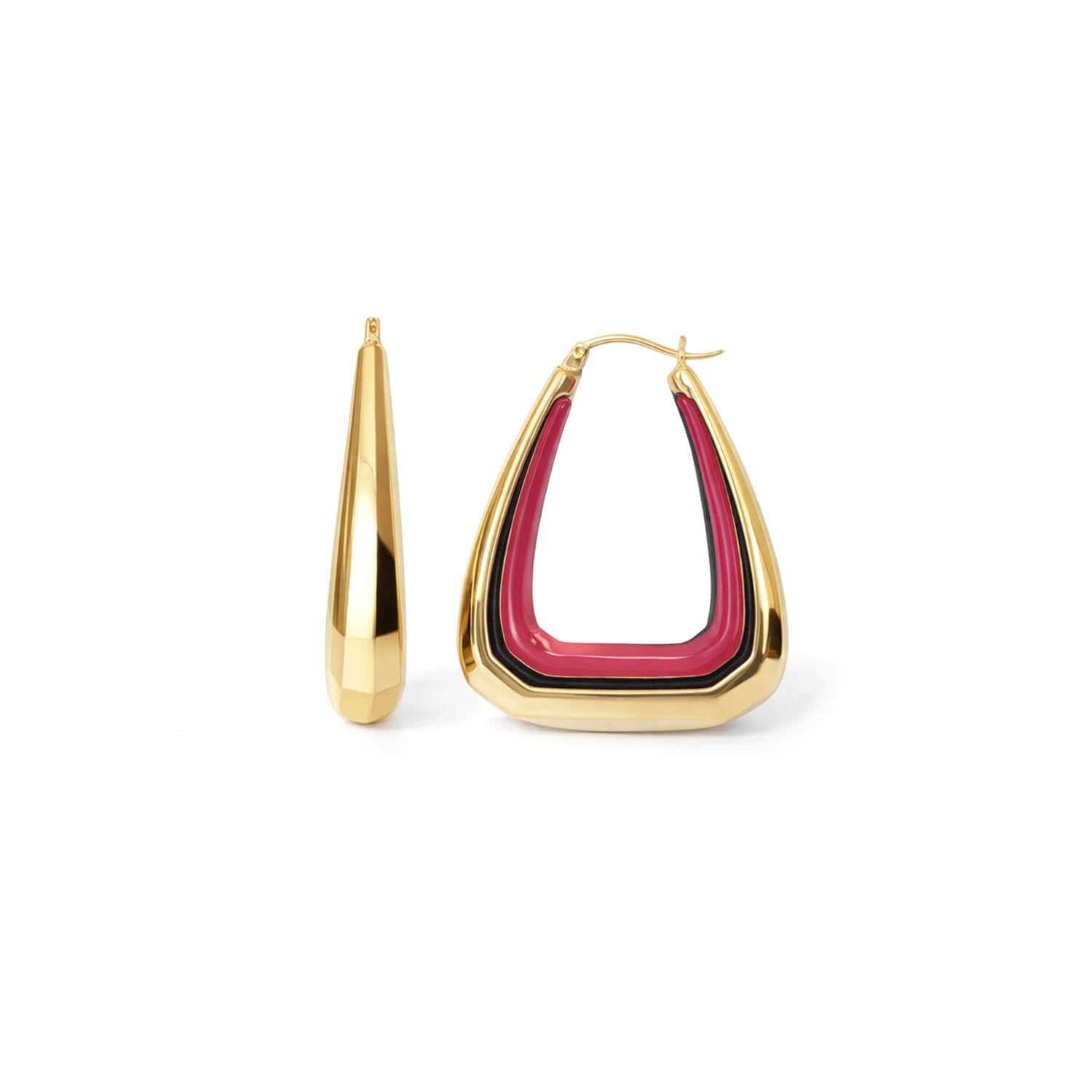 Gold hoop earrings with a pink interior on a white background