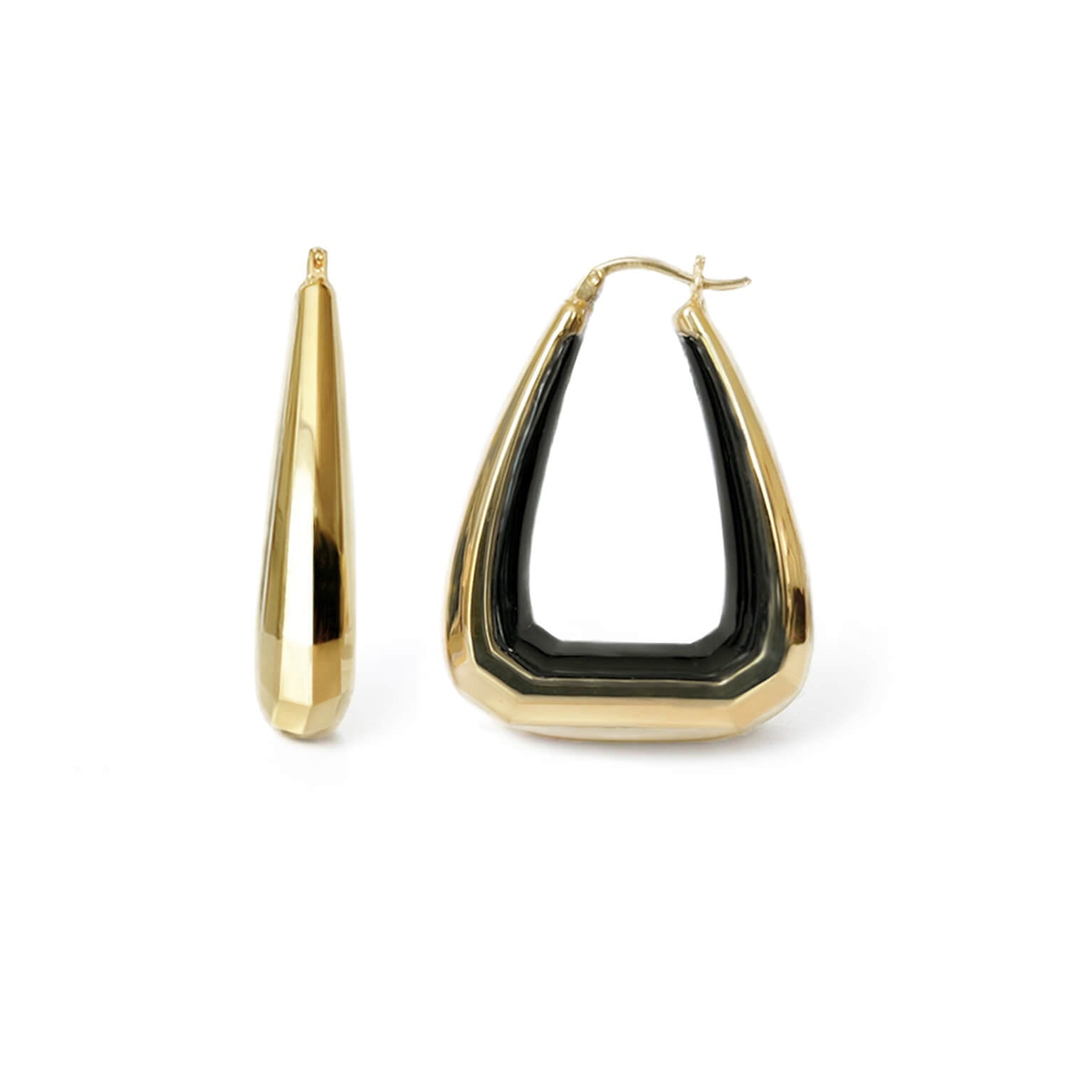 A pair of gold-colored hoop earrings with a triangle gem cut design, featuring a black inner hoop section.
