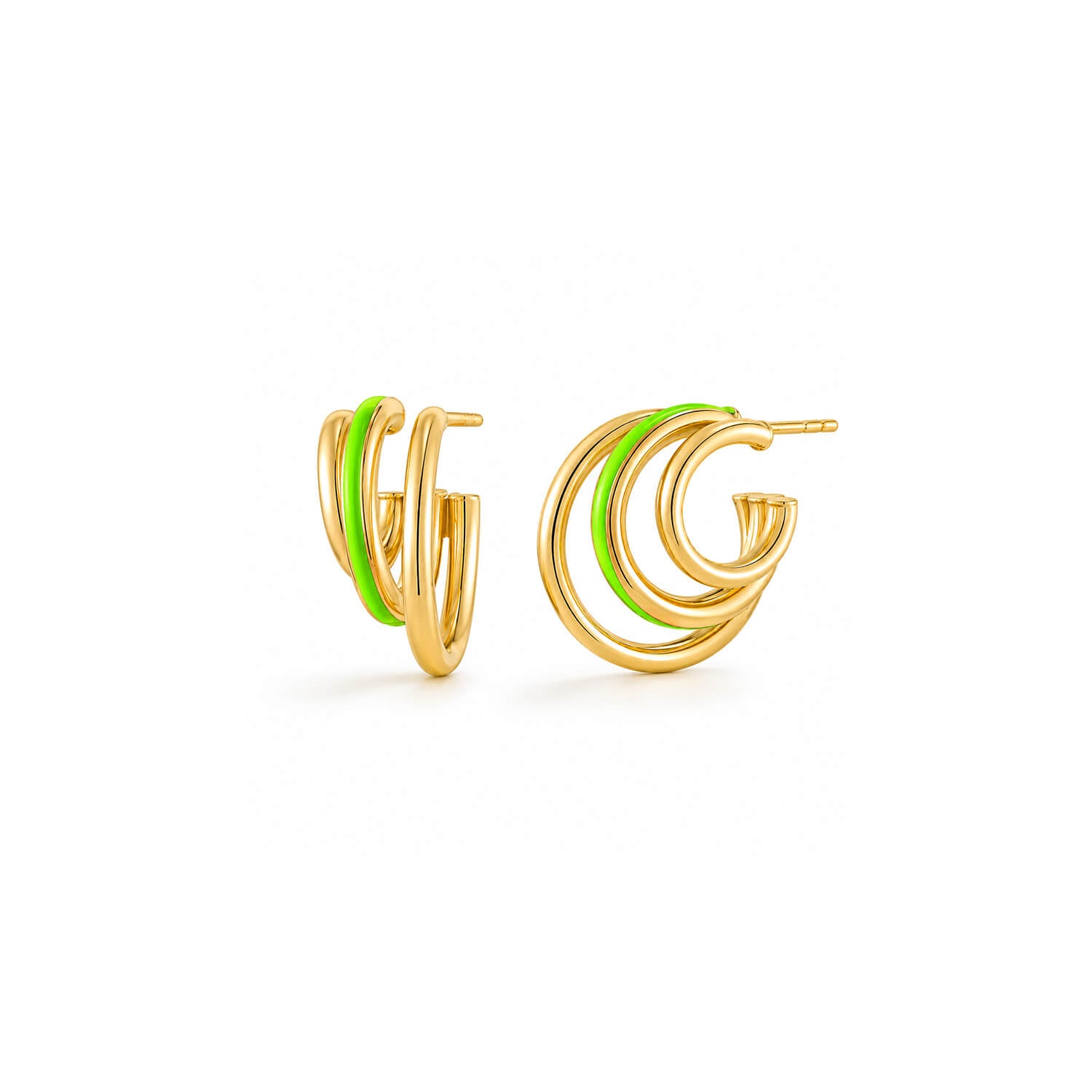 A pair of triple gold hoop earrings with a bright green enamel accent, displayed on a clean white background.