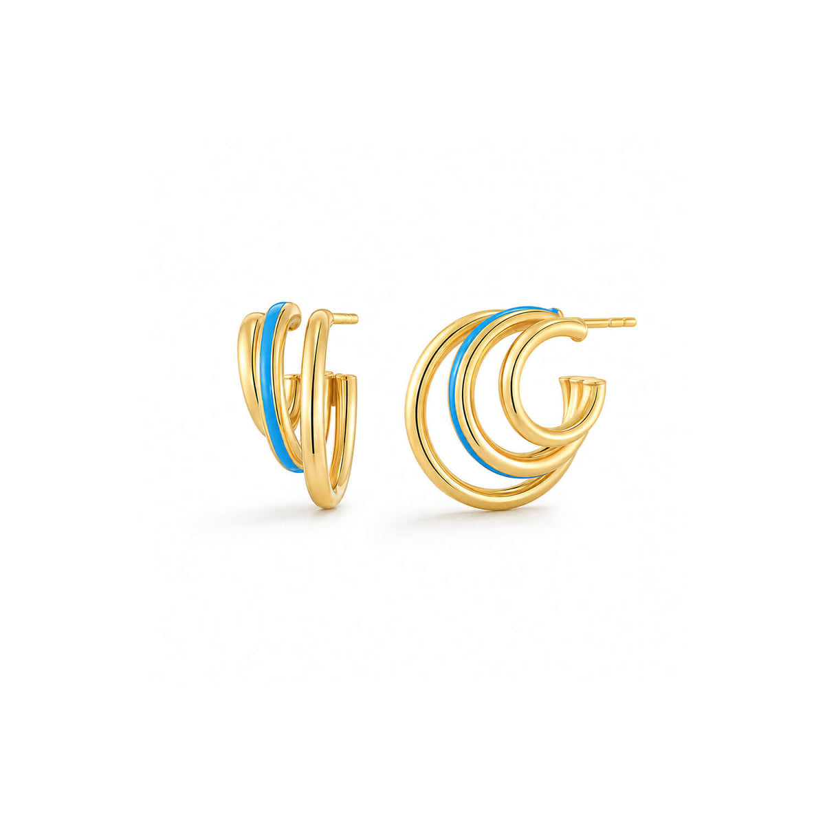 A pair of gold-toned triple hoop earrings with thin blue enamel accents, shown on a clean white background.